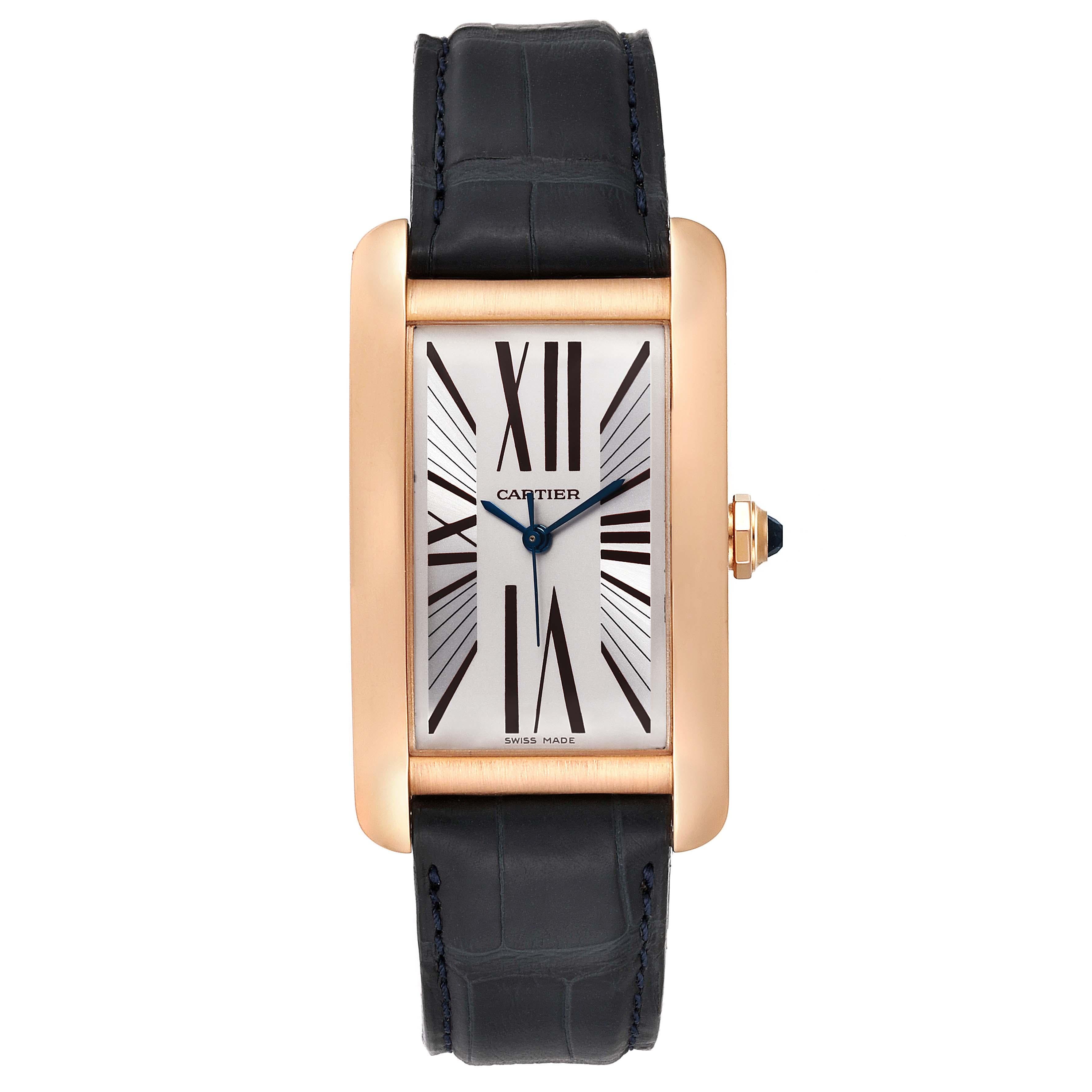 Cartier Tank Americaine Silver Dial Rose Gold Automatic Mens Watch 2505. Automatic self-winding movement. Caliber 120, rhodium-plated, fausses cotes and oeil-de-perdrix decoration, 20 jewels, straight line lever escapement, monometallic balance