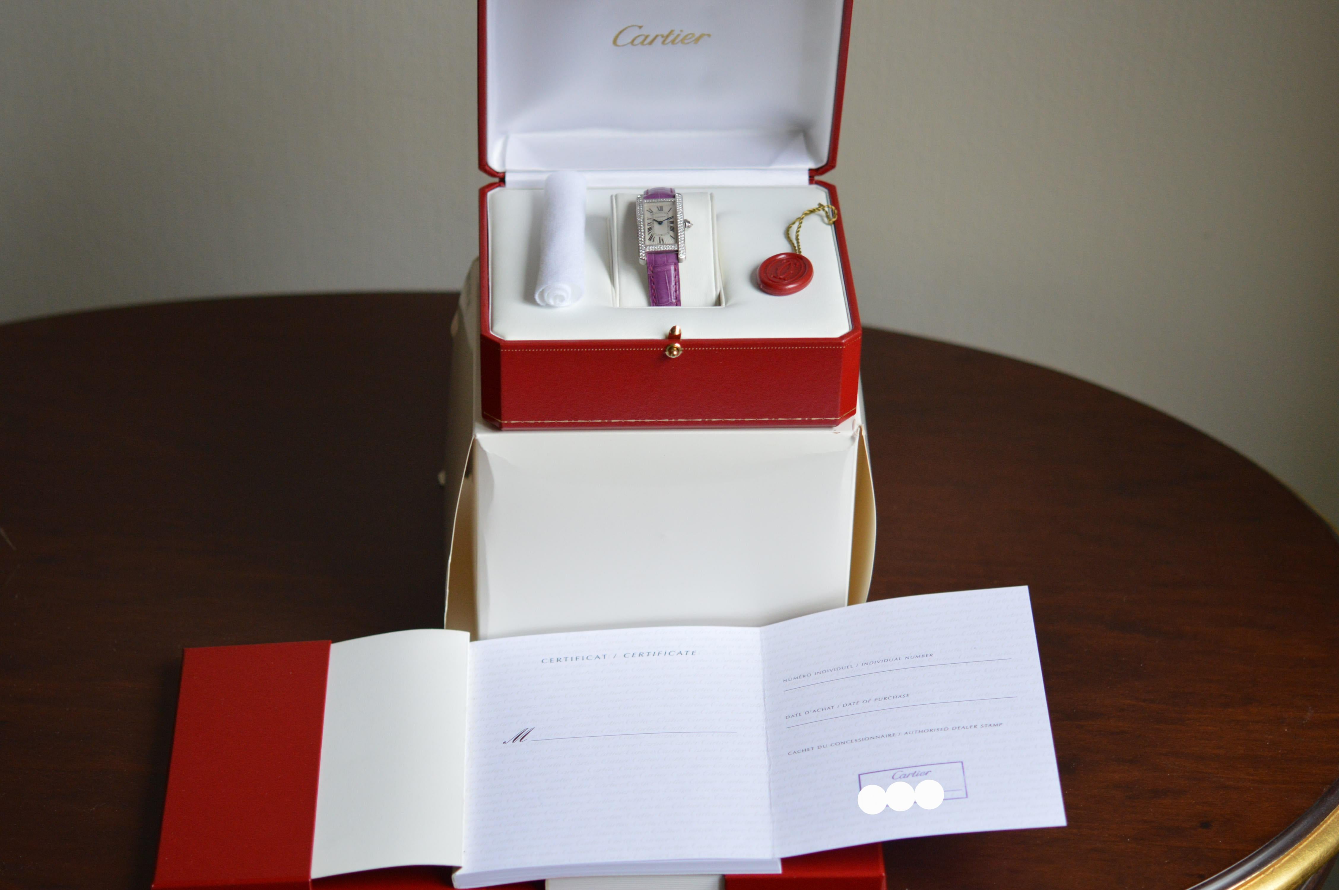 Cartier Tank Américaine SM 18k White Gold Diamond Bezel Unworn Full Set In New Condition For Sale In Geneva, CH