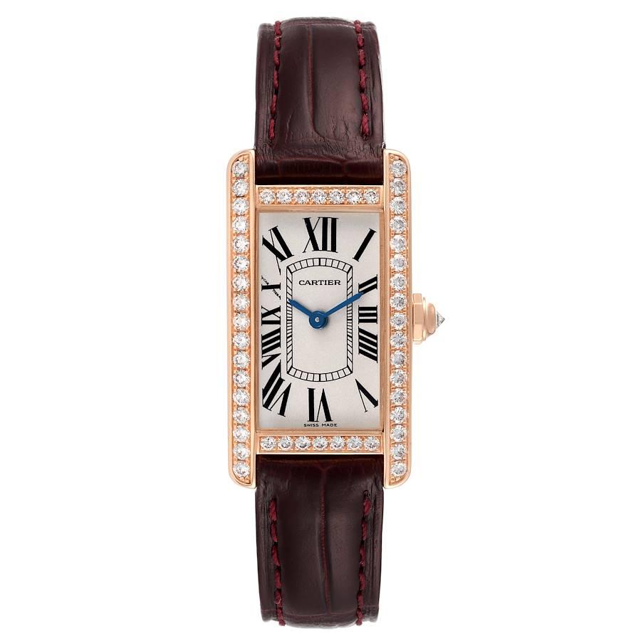 Cartier Tank Americaine Small Rose Gold Diamond Ladies Watch WJTA0002. Quartz movement. 18K Rose gold case 19.0 x 28.0 mm. Circular grained crown set with faceted blue sapphire. Original Cartier factory diamond bezel. Scratch resistant sapphire