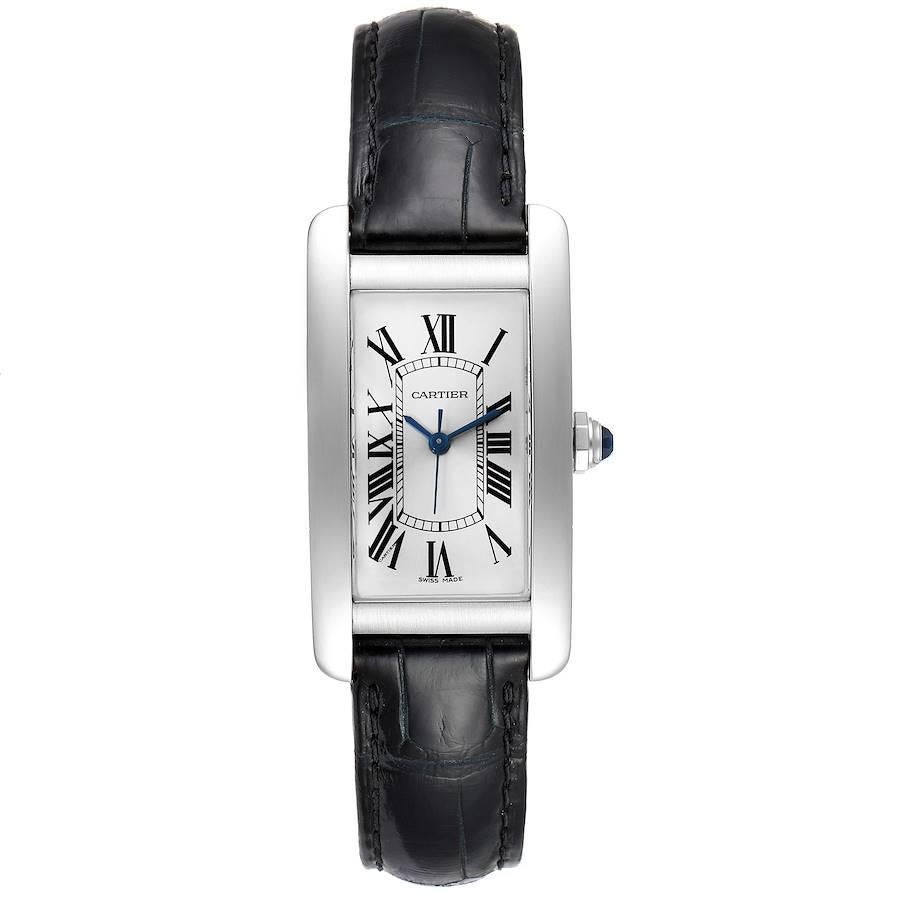 Cartier Tank Americaine Steel Ladies Watch WSTA0017 Box Papers. Automatic self-winding movement. Stainless steel case 22.6mm X 41.6mm Circular grained crown set with faceted blue sapphire. . Scratch resistant sapphire crystal. Silvered dial with