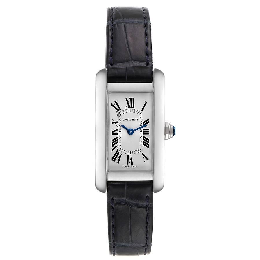 Cartier Tank Americaine Steel Silver Dial Ladies Watch WSTA0016 Box Card. Quartz movement. Stainless steel case 34.8 mm x 19 mm. Circular grained crown set with faceted blue sapphire. . Scratch resistant sapphire crystal. Silvered dial with black