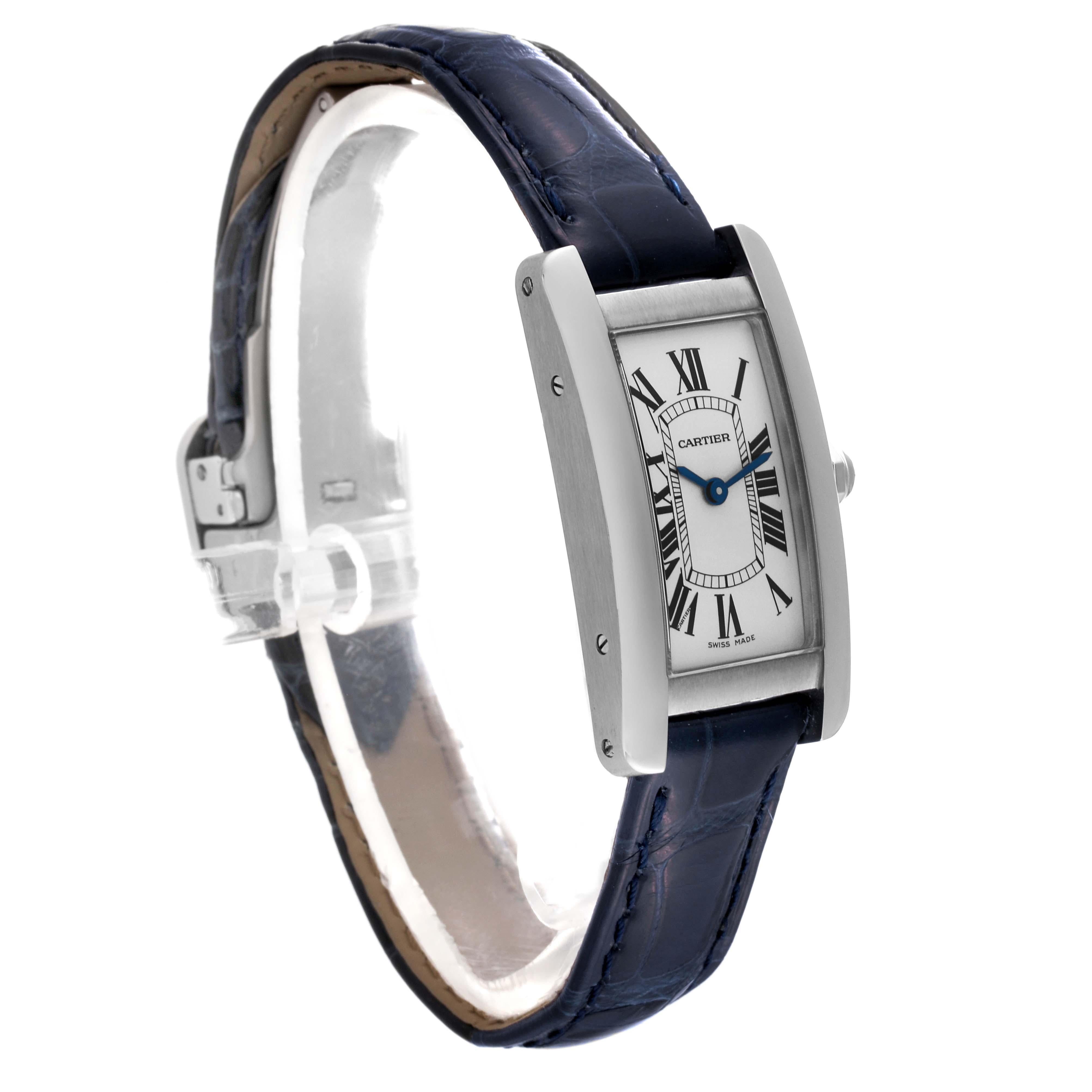 Cartier Tank Americaine Steel Silver Dial Ladies Watch WSTA0016 Box Papers. Quartz movement. Stainless steel case 34.8 mm x 19 mm. Circular grained crown set with faceted blue sapphire. . Scratch resistant sapphire crystal. Silvered dial with black