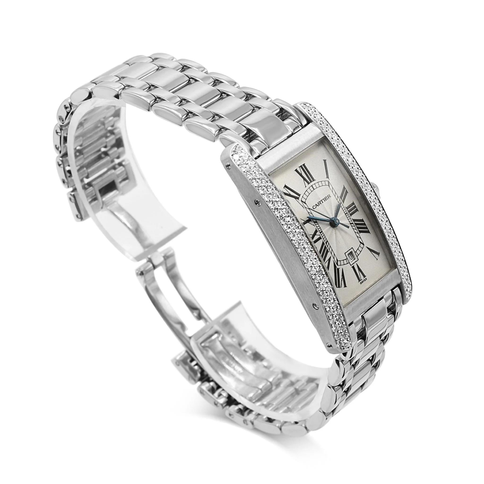 Taille brillant Cartier Tank Americaine Montre unisexe automatique sertie de diamants Or blanc 18ct en vente