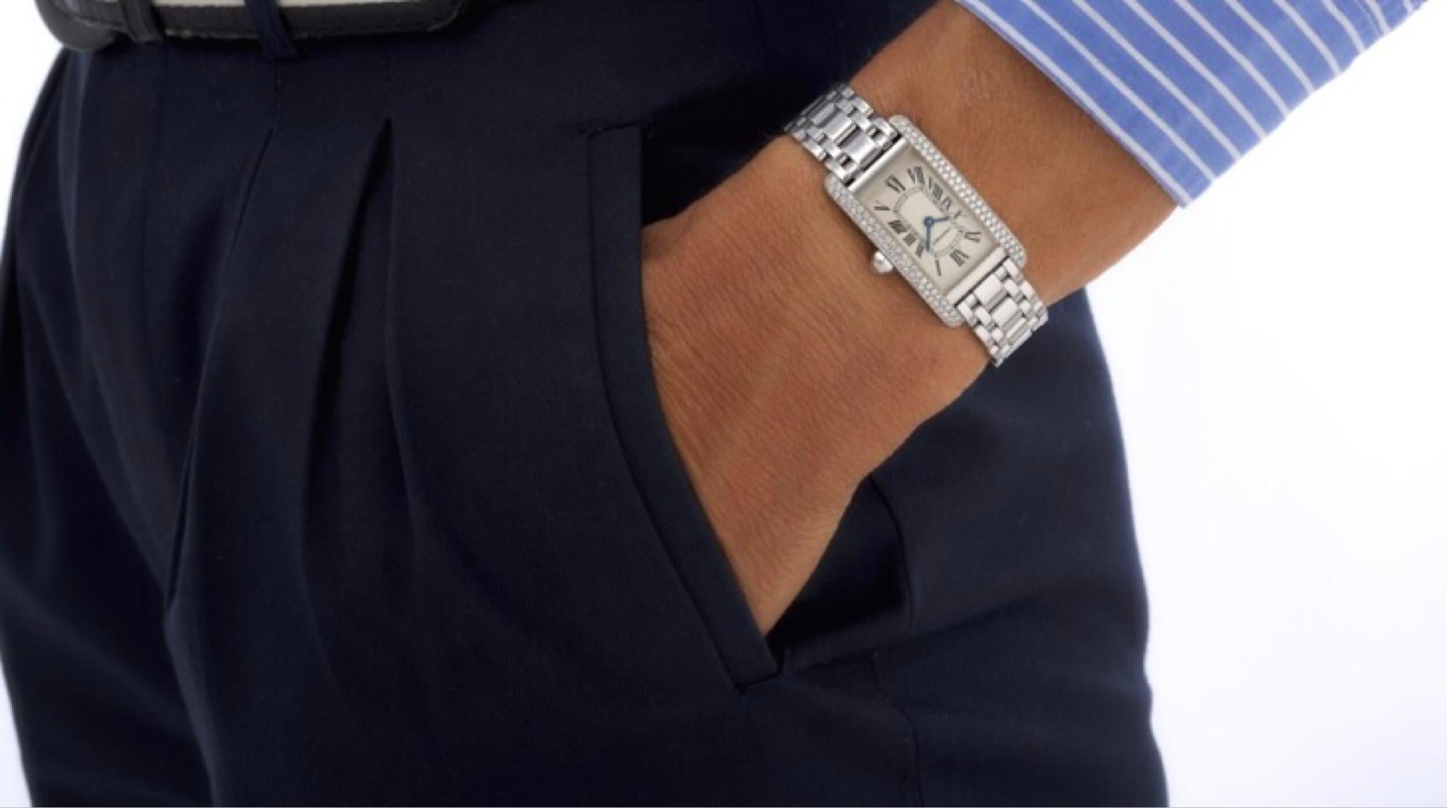 Cartier Tank Americaine Montre unisexe automatique sertie de diamants Or blanc 18ct en vente 1