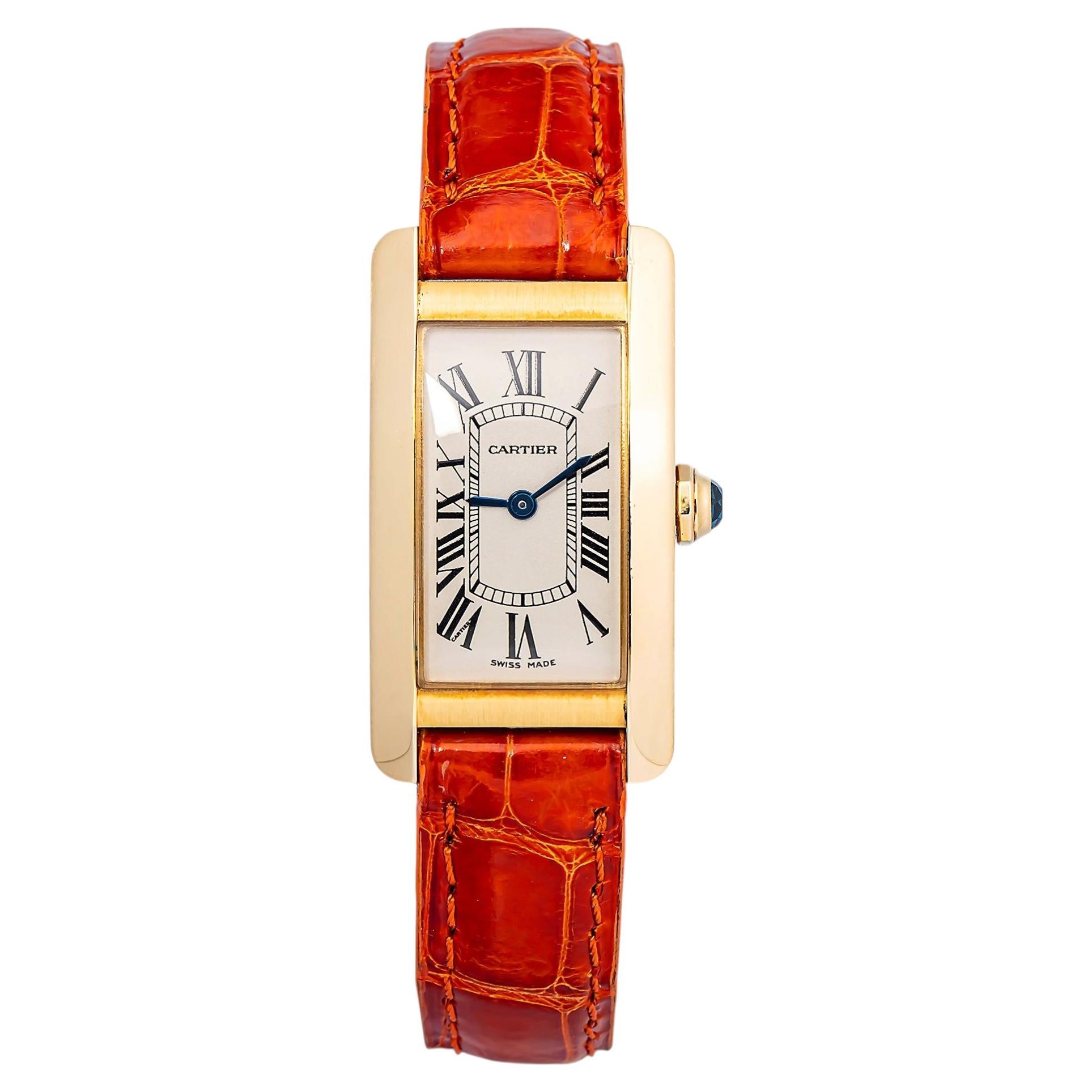 Reloj de mujer Cartier Tank Americaine W2601556, correa de piel, oro amarillo de 18 quilates, esfera plateada, 20 mm en venta