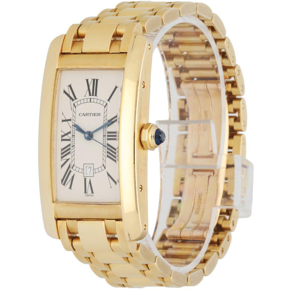 Cartier Tank Americaine W26035K2 /1725Â men's watch.Â 23mm 18k Yellow Gold case withÂ 18K Yellow Gold bezel. Off-White dialÂ with Blue steel hands and Roman numeral hour markers.Â Minute markers on the inner dial.Â Date display at the 6 o'clock