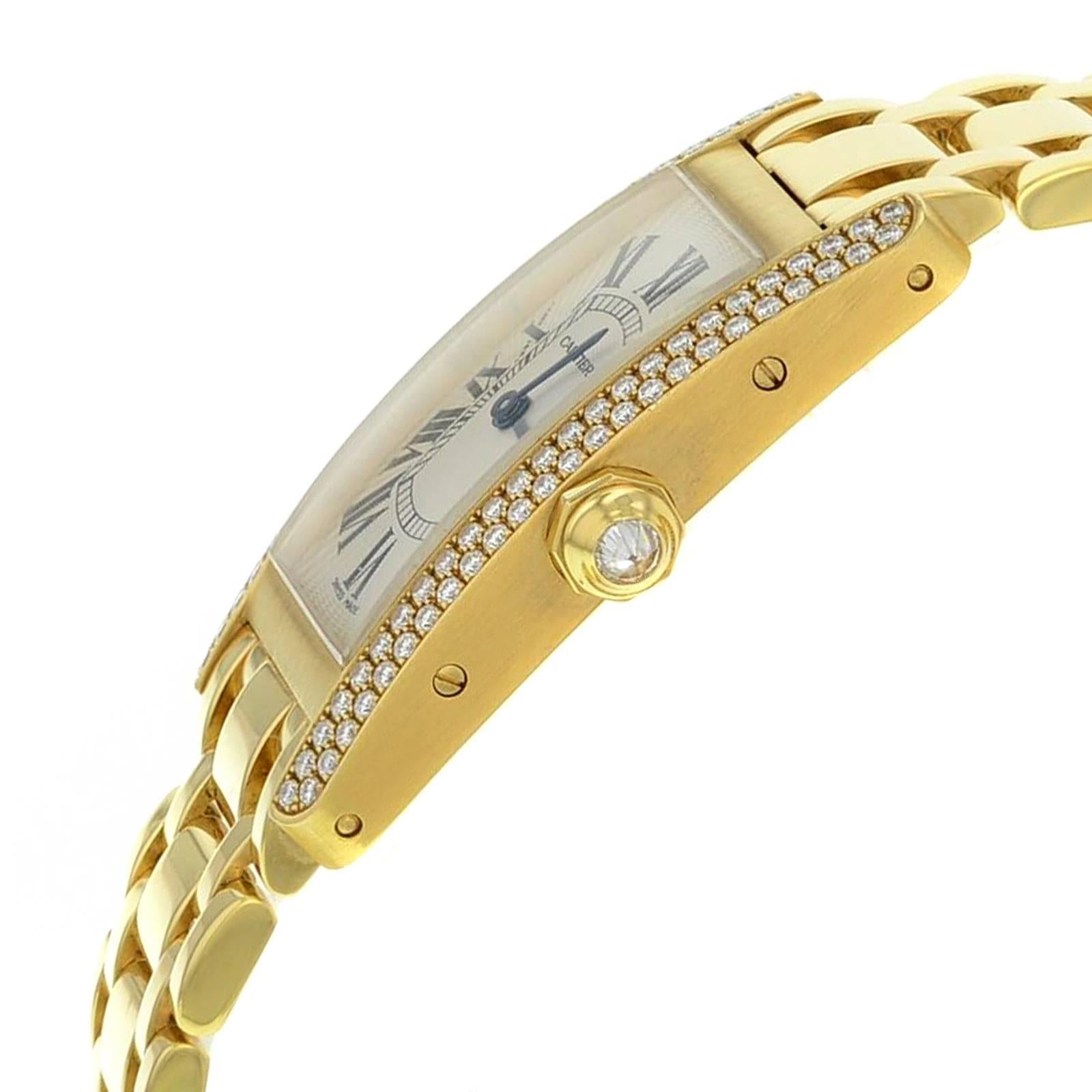 This  never been worn  Cartier Tank WB7043JQ  is a beautiful Womens timepiece that is powered by a quartz movement which is cased in a yellow gold case. It has a rectangle shape face, no features dial and has hand roman numerals style markers. It is