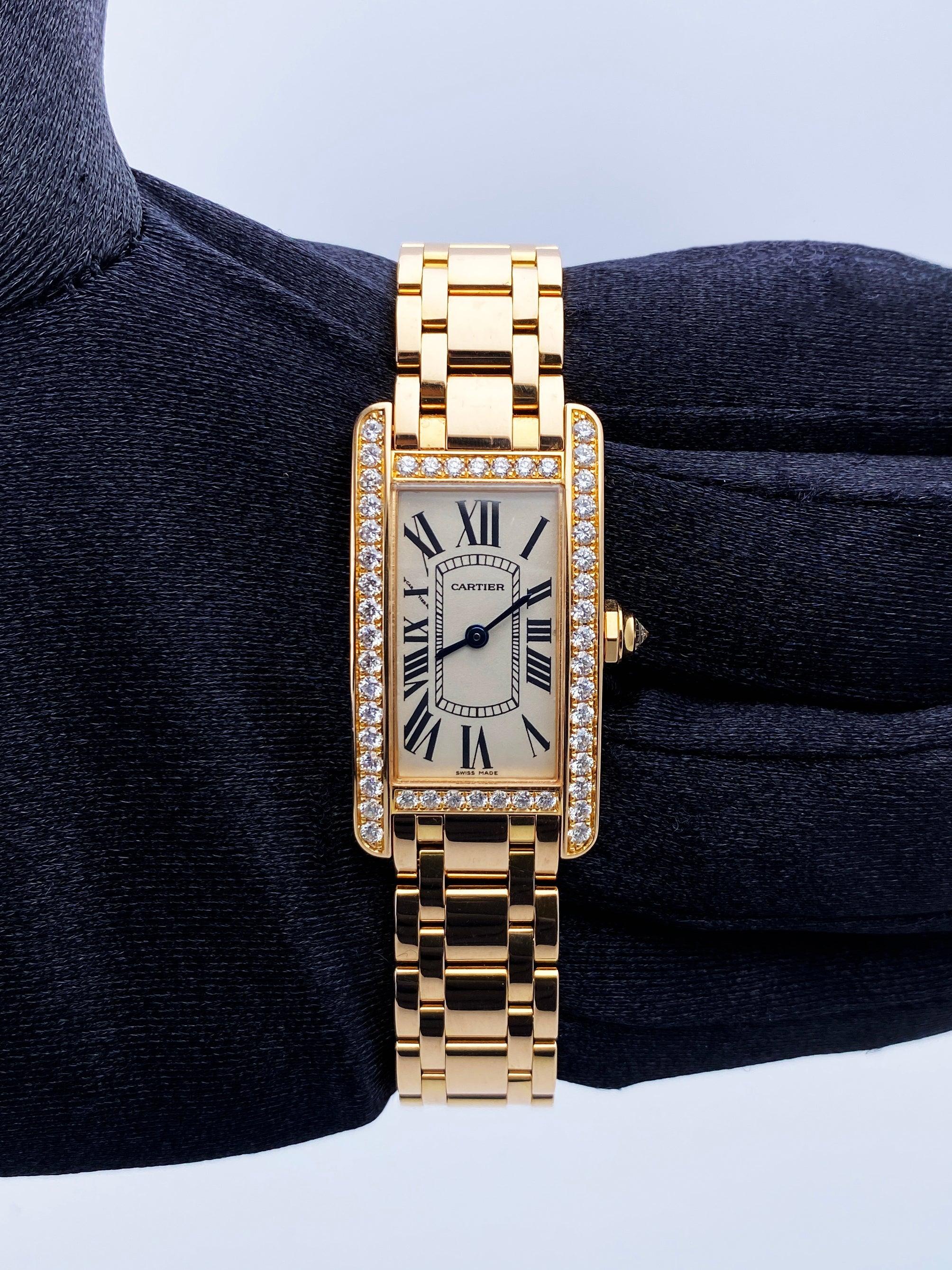 Cartier Tank Americaine WB7079M5 Ladies Watch. 19mm 18K rose gold case. 18K rose gold stationary bezel with original factory diamonds set. Off-White dial with blue steel hands and roman numeral hour markers. Minute markers on the inner dial. 18K