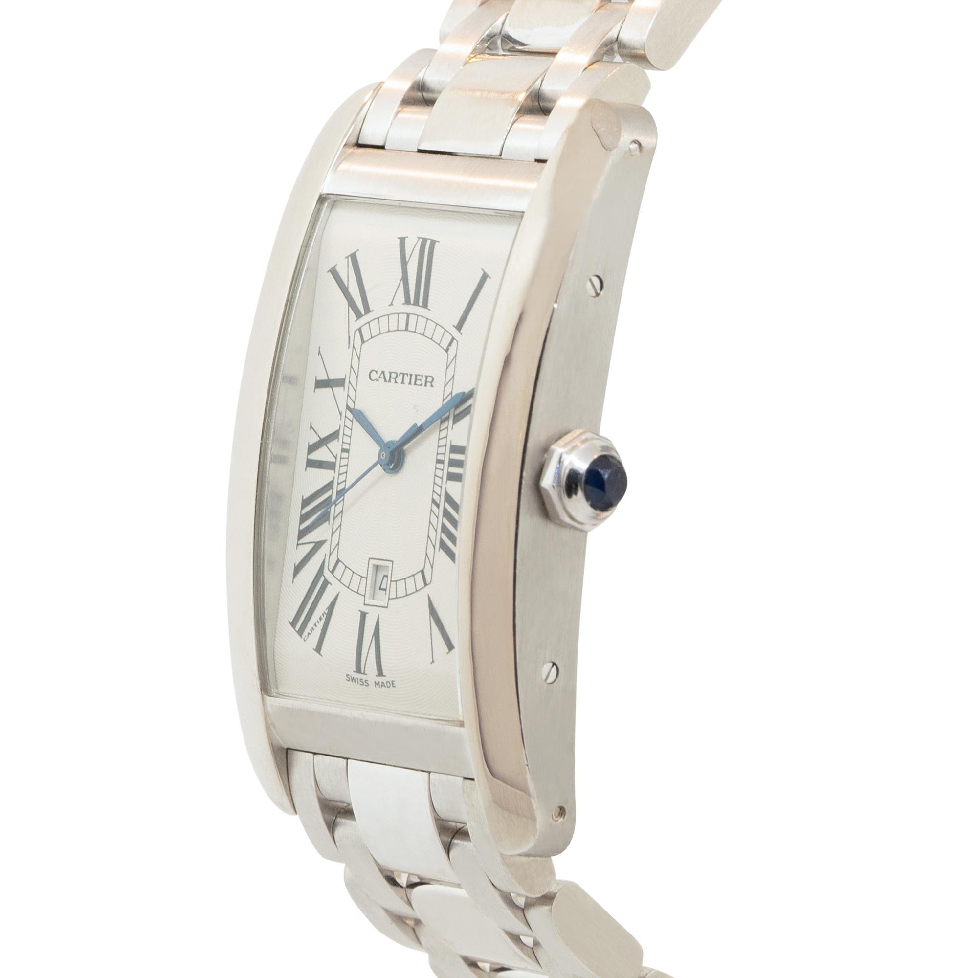 Brand: Cartier
Model: Tank
Case Material: 18k White Gold
Case Size: Large Men's Size
Dial: White Concentric Dial with Black Roman Numerals
Bezel: White Gold Fixed Bezel
Bracelet: White Gold Bracelet
Movement: Automatic
Size: Will fit a large