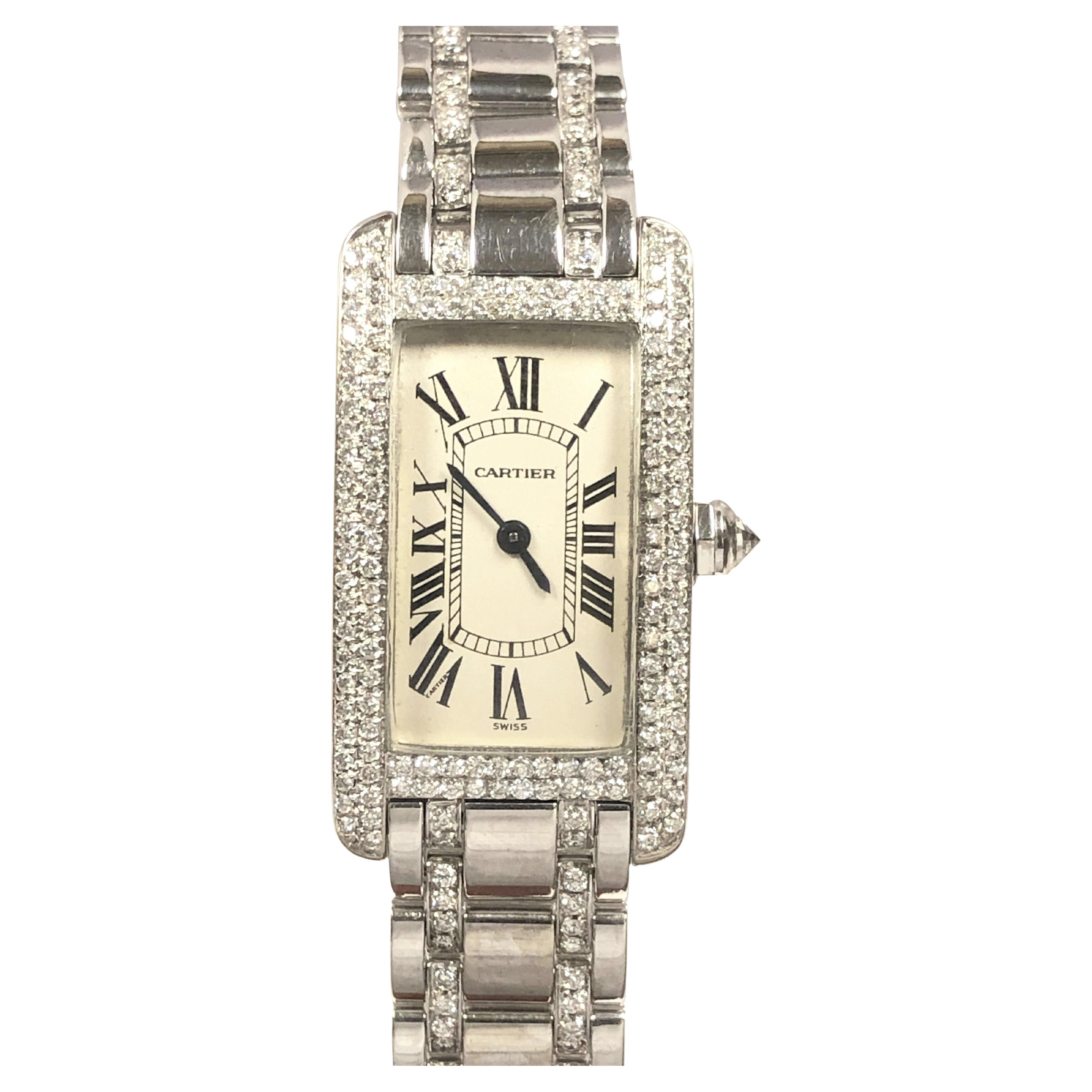 Cartier Tank Americaine White Gold and Diamonds Ladies Bracelet Wrist Watch