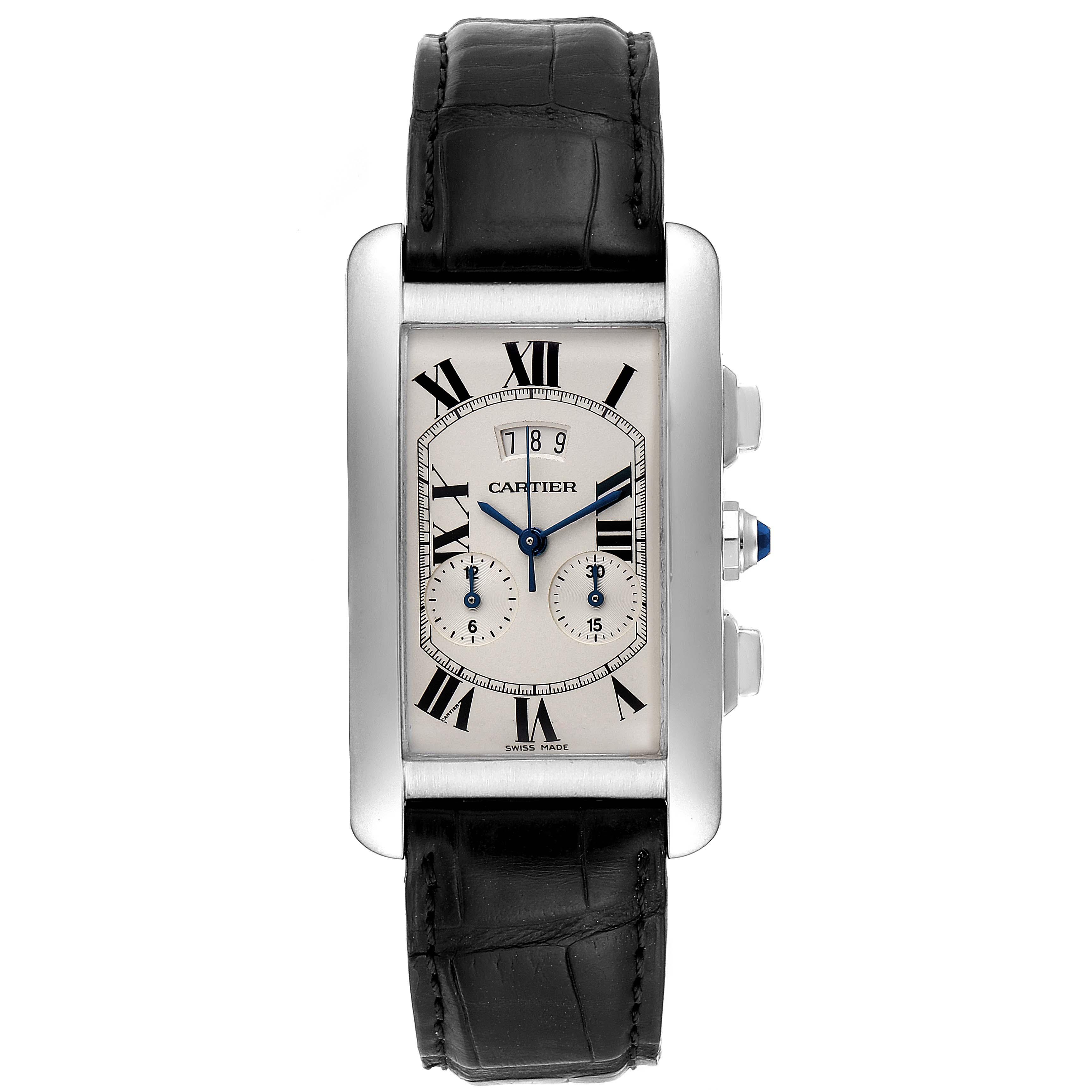 Cartier Tank Americaine White Gold Chronograph Mens Watch 2569. Quartz movement. 18K white gold case 26.6 x 45.1 mm. Circular grained crown set with faceted blue sapphire. . Scratch resistant sapphire crystal. Silvered grain dial with black roman