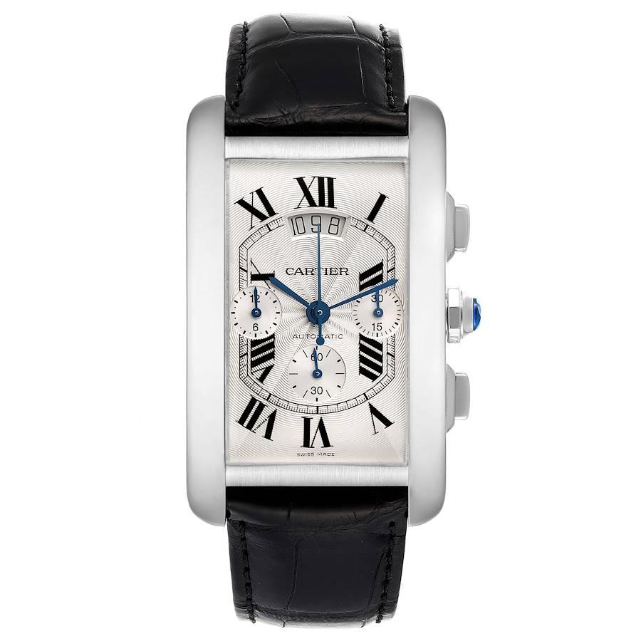 Cartier Tank Americaine White Gold Chronograph Mens Watch W2609456. Automatic self-winding chronograph movement. 18K white gold case 52.0 x 31.1 mm. Case thickness: 11.47 mm. Exhibition sapphire crystal case back. Octagonal crown set with a blue