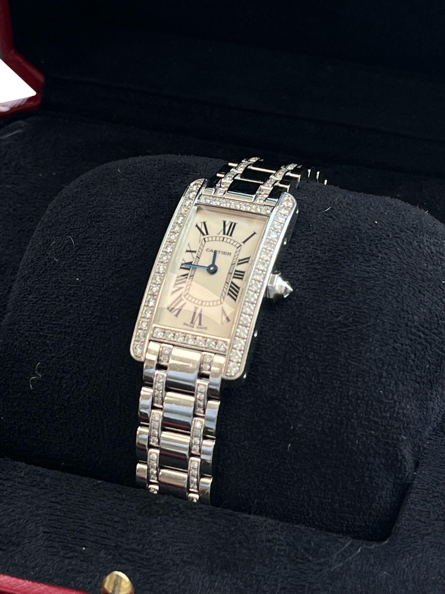 Cartier Tank Américaine 18K White Gold Diamond Bezel Ladies Watch SM WB7073MP For Sale 4