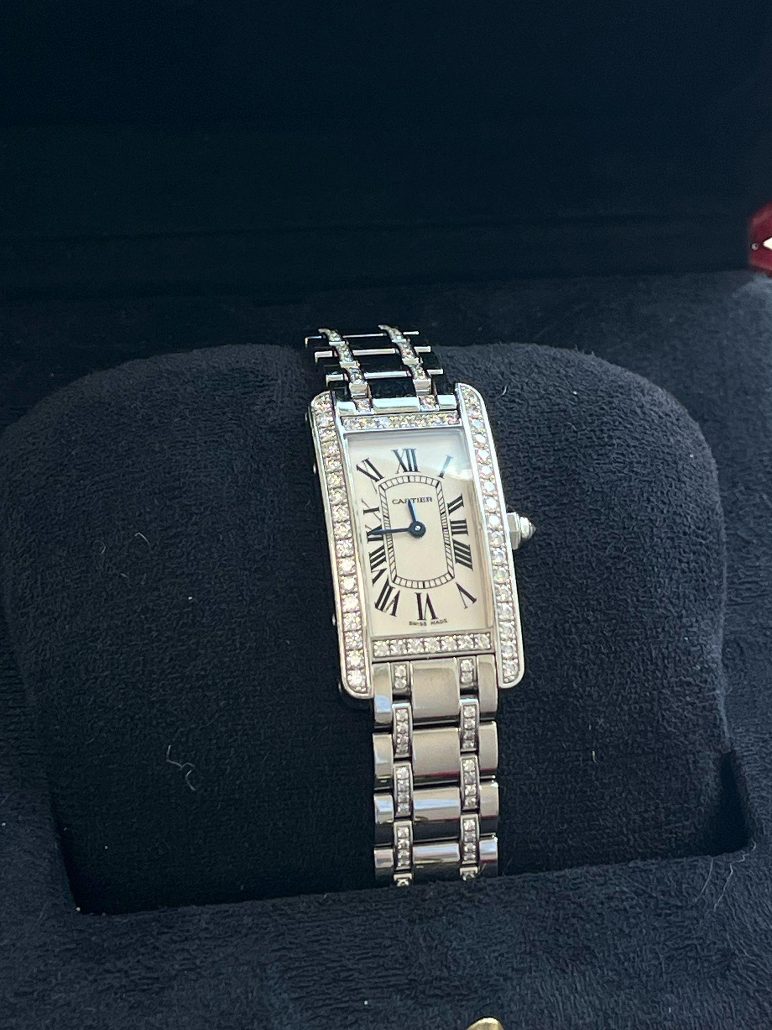 Cartier Tank Américaine 18K White Gold Diamond Bezel Ladies Watch SM WB7073MP For Sale 5