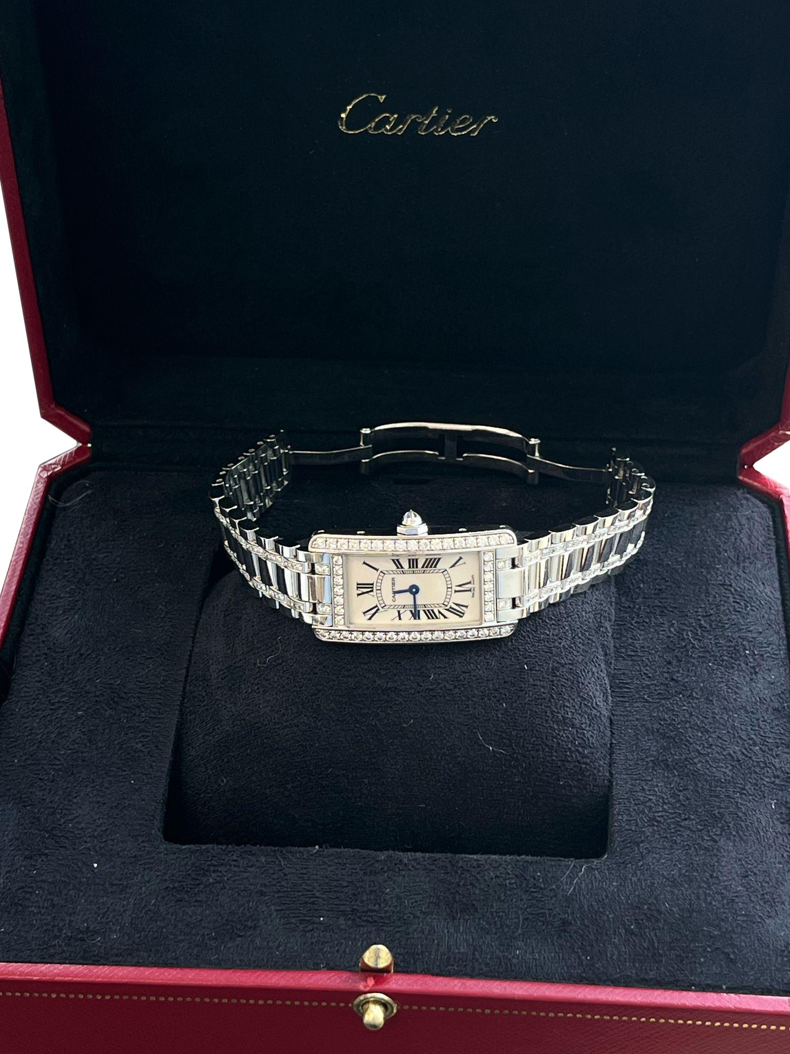 Cartier Tank Américaine 18K White Gold Diamond Bezel Ladies Watch SM WB7073MP For Sale 6
