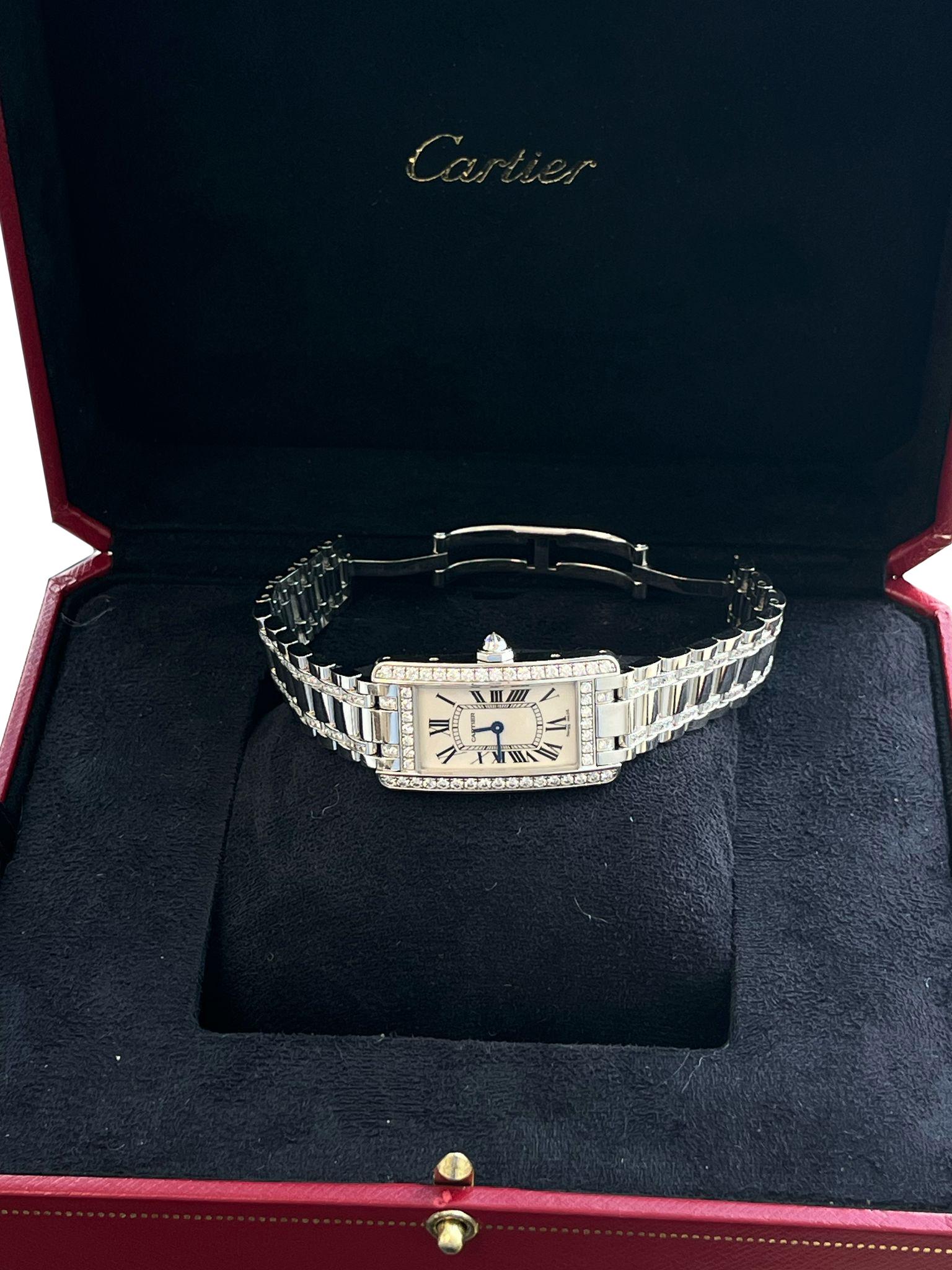 Cartier Tank Américaine 18K White Gold Diamond Bezel Ladies Watch SM WB7073MP For Sale 7