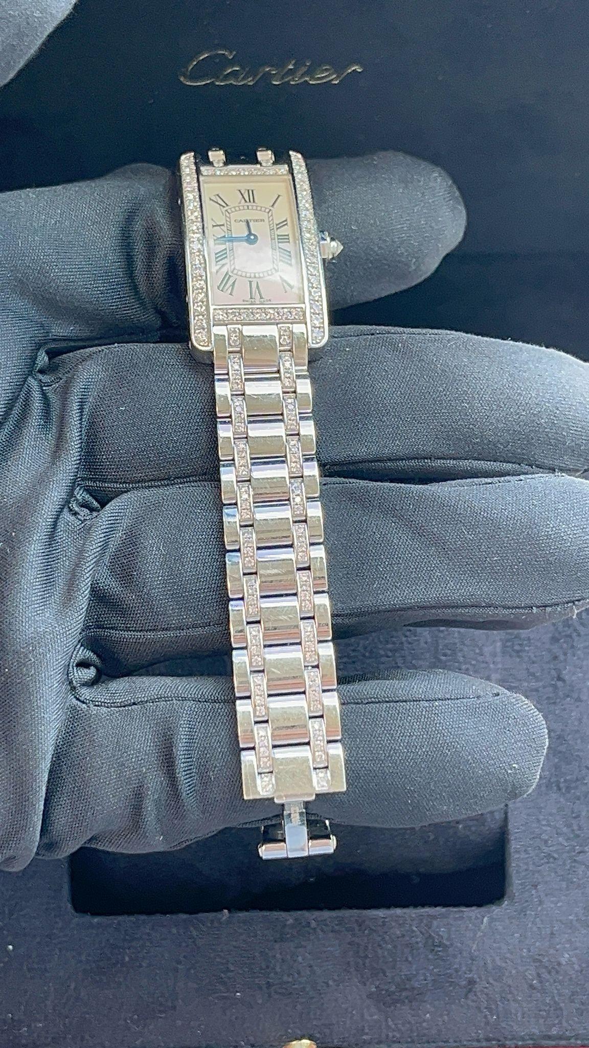 Cartier Tank Américaine 18K White Gold Diamond Bezel Ladies Watch SM WB7073MP For Sale 14