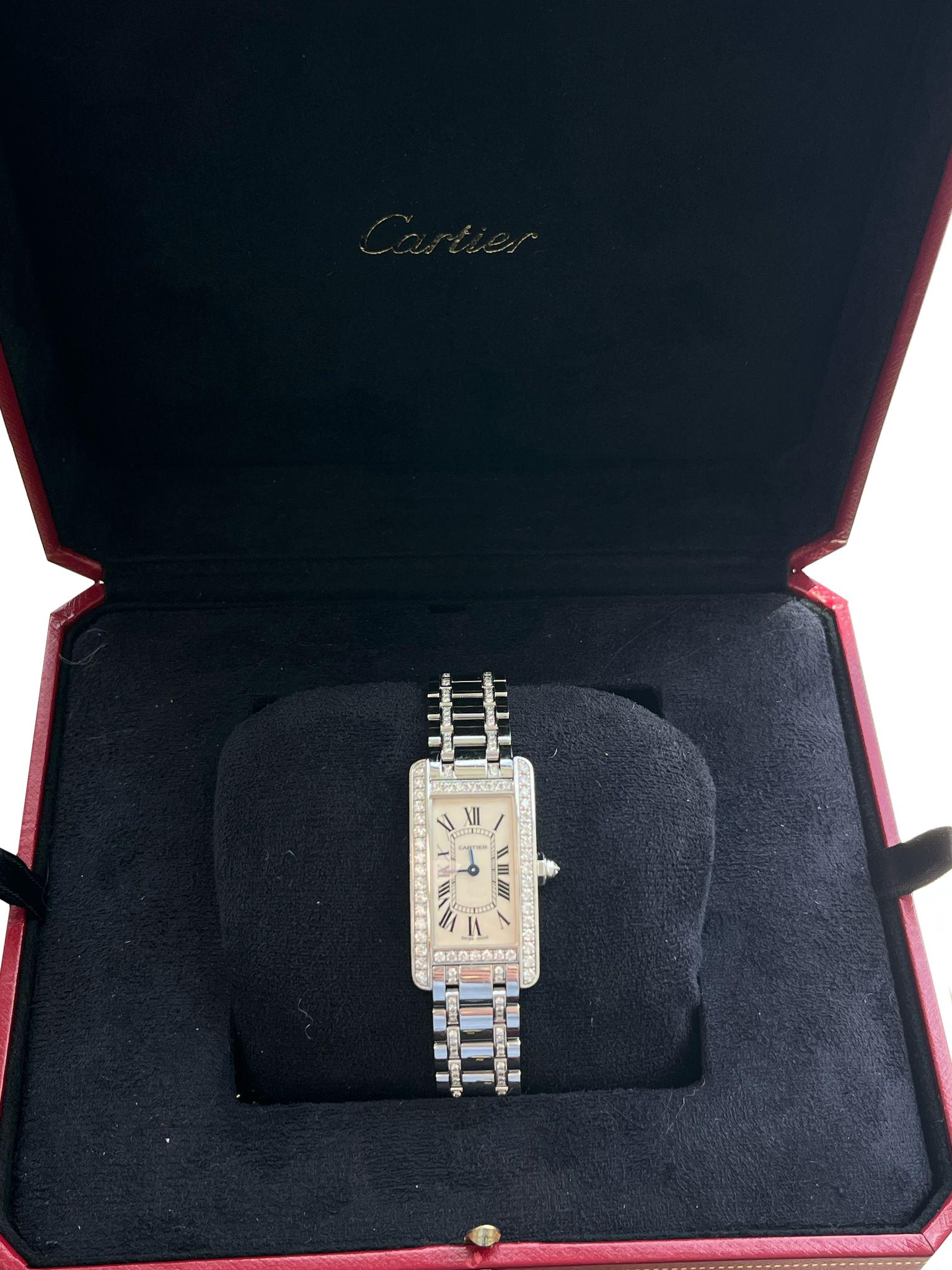 Modernist Cartier Tank Américaine 18K White Gold Diamond Bezel Ladies Watch SM WB7073MP For Sale