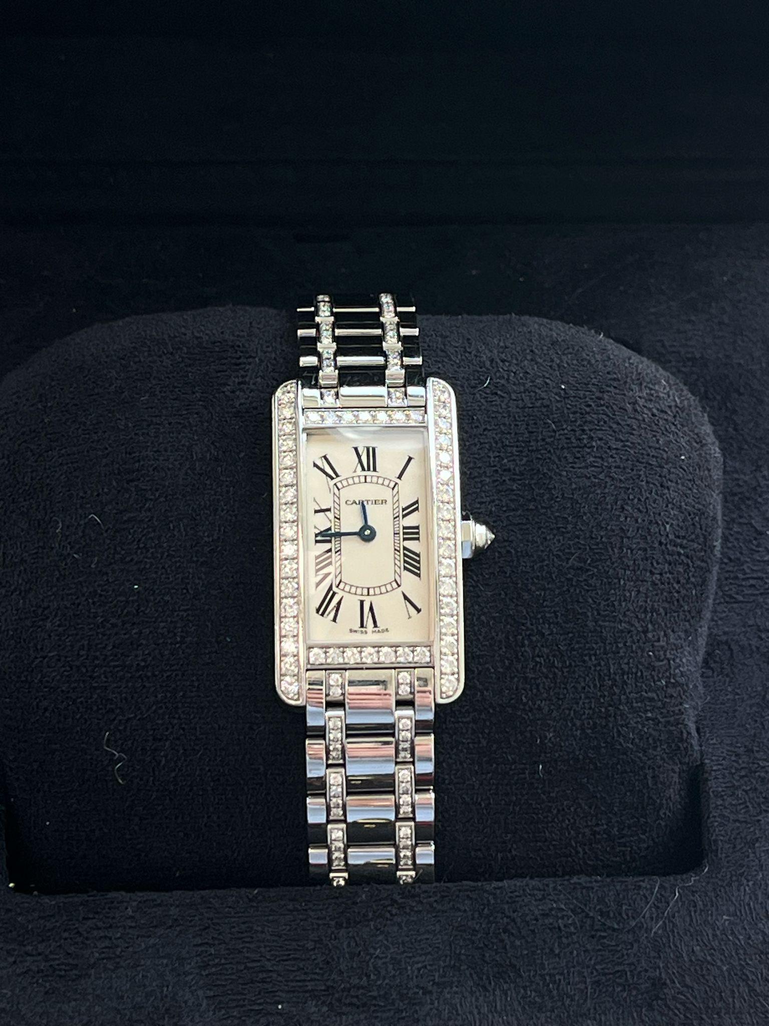 Cartier Tank Américaine 18K White Gold Diamond Bezel Ladies Watch SM WB7073MP In Good Condition For Sale In Aventura, FL