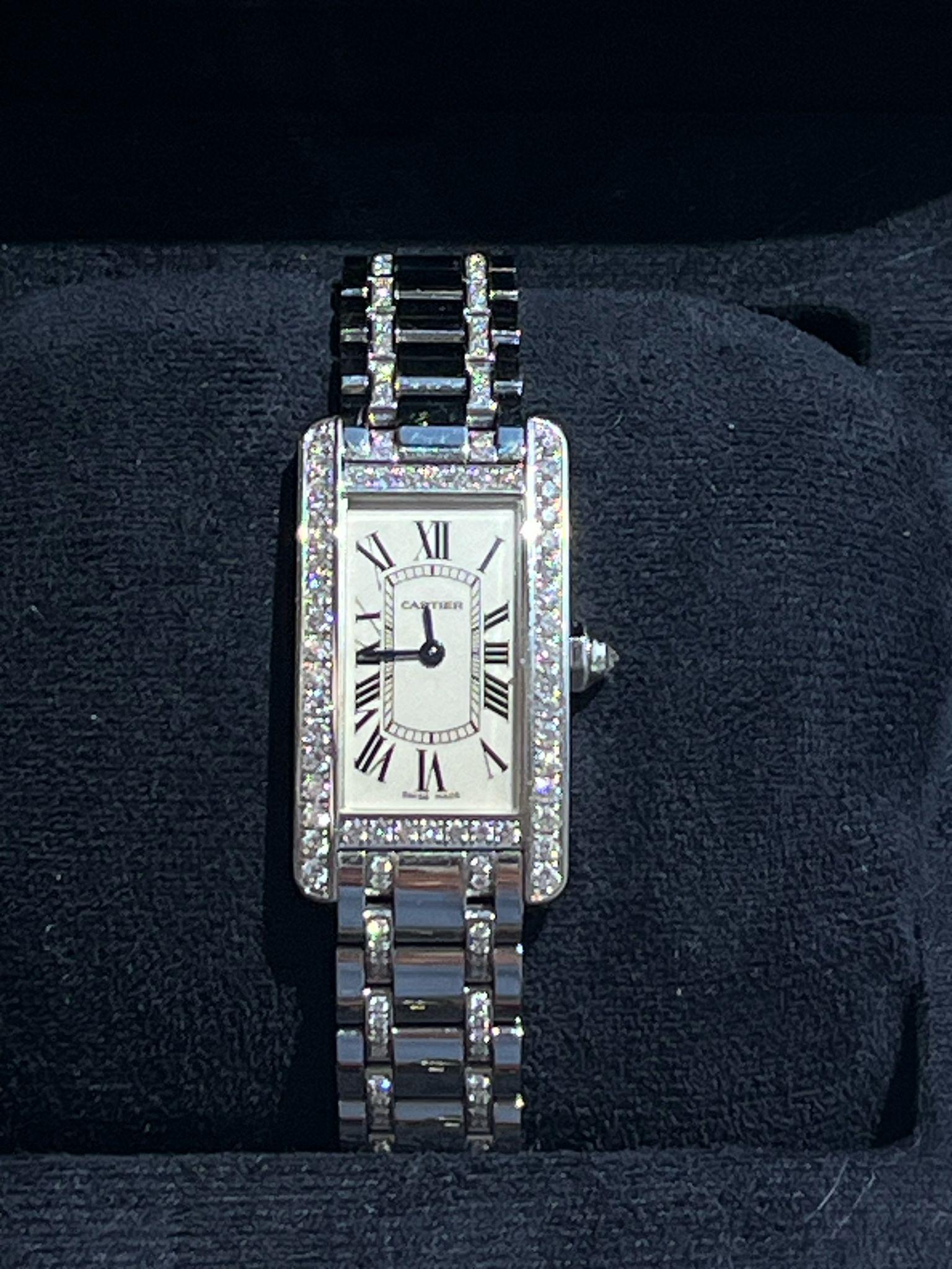 Women's Cartier Tank Américaine 18K White Gold Diamond Bezel Ladies Watch SM WB7073MP For Sale