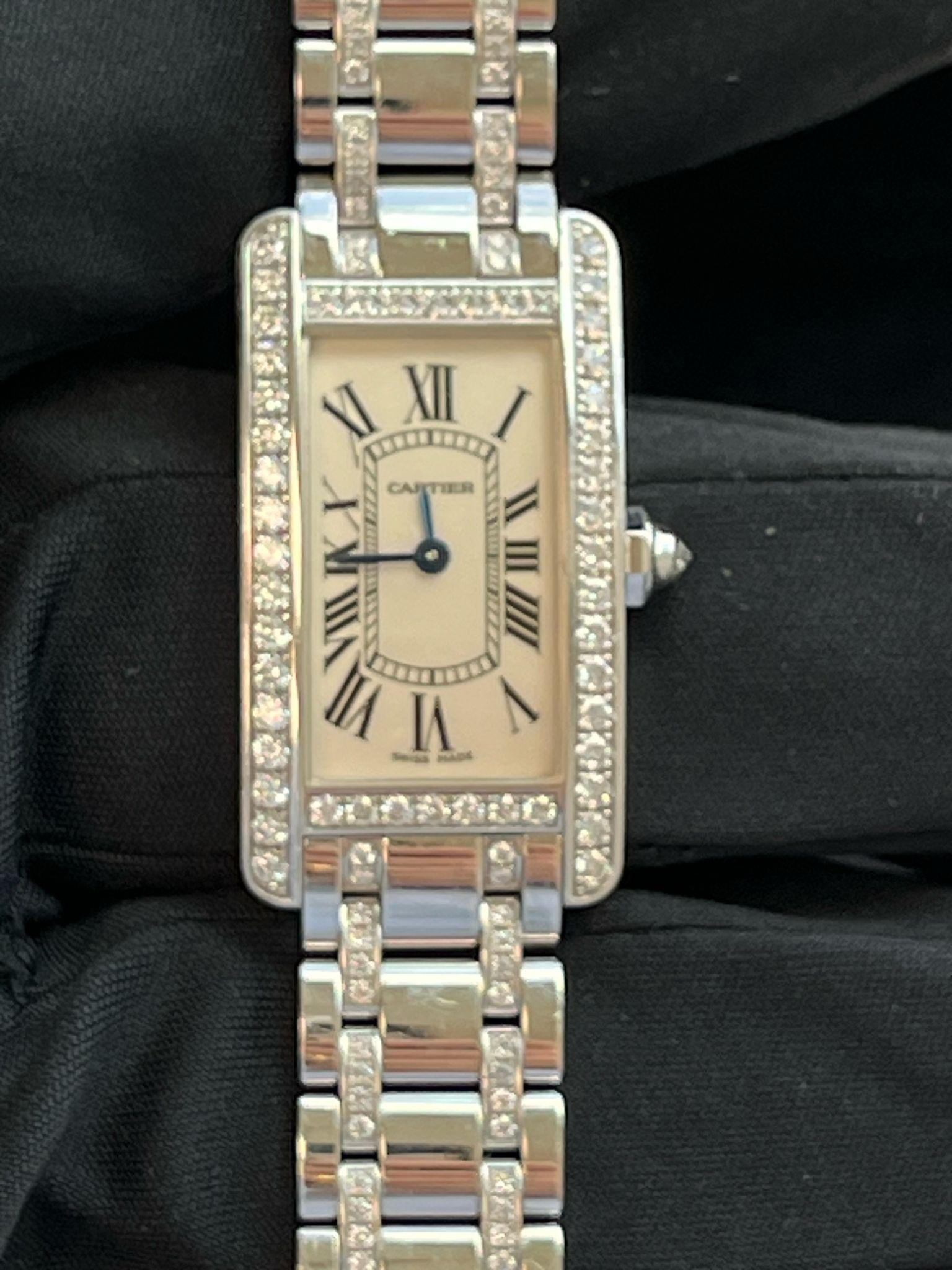 Cartier Tank Américaine 18K White Gold Diamond Bezel Ladies Watch SM WB7073MP For Sale 1