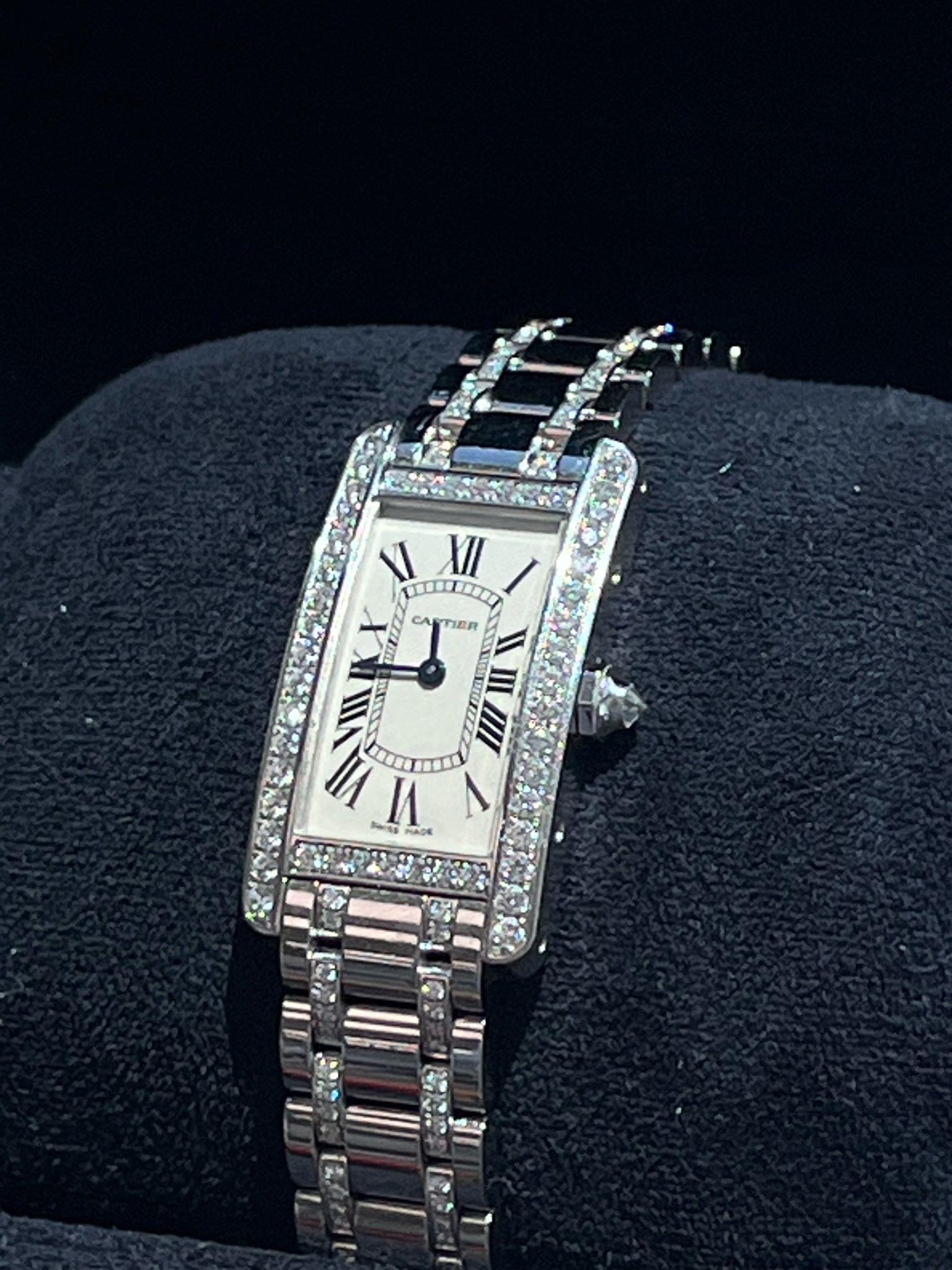 Cartier Tank Américaine 18K White Gold Diamond Bezel Ladies Watch SM WB7073MP For Sale 2