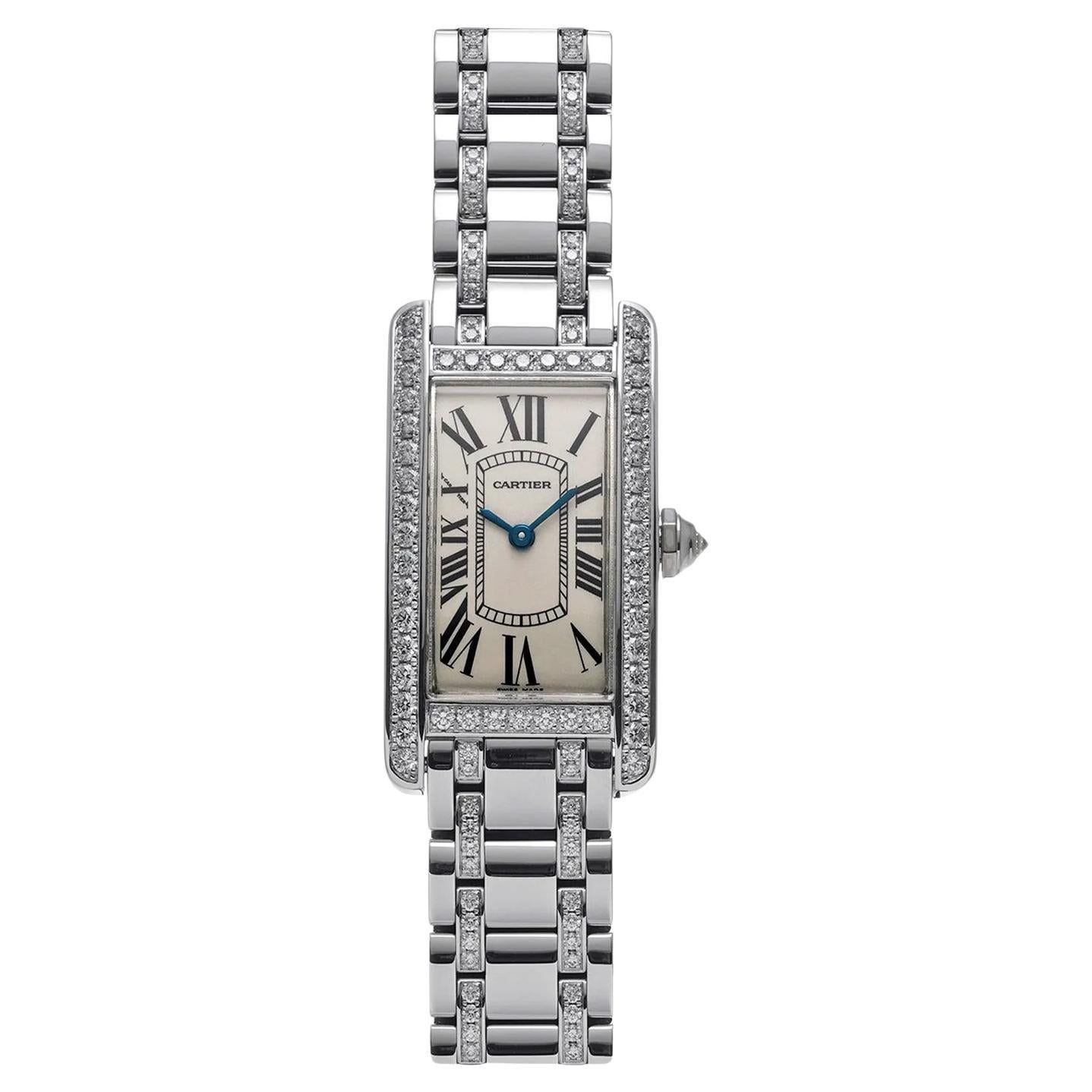 Montre Femme Cartier Tank Américaine Or Blanc 18K Lunette Diamant SM WB7073MP