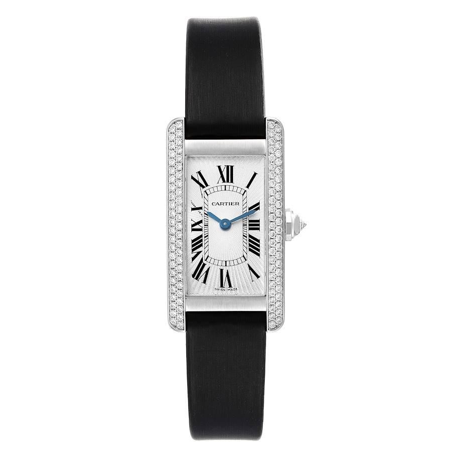 Cartier Tank Americaine White Gold Diamond Ladies Watch WB701851. Quartz movement. 18K white gold case 19.0 x 35.0 mm with original Cartier factory 2 rows of diamond on the sides. Circular grained crown set with faceted diamond. . Scratch resistant