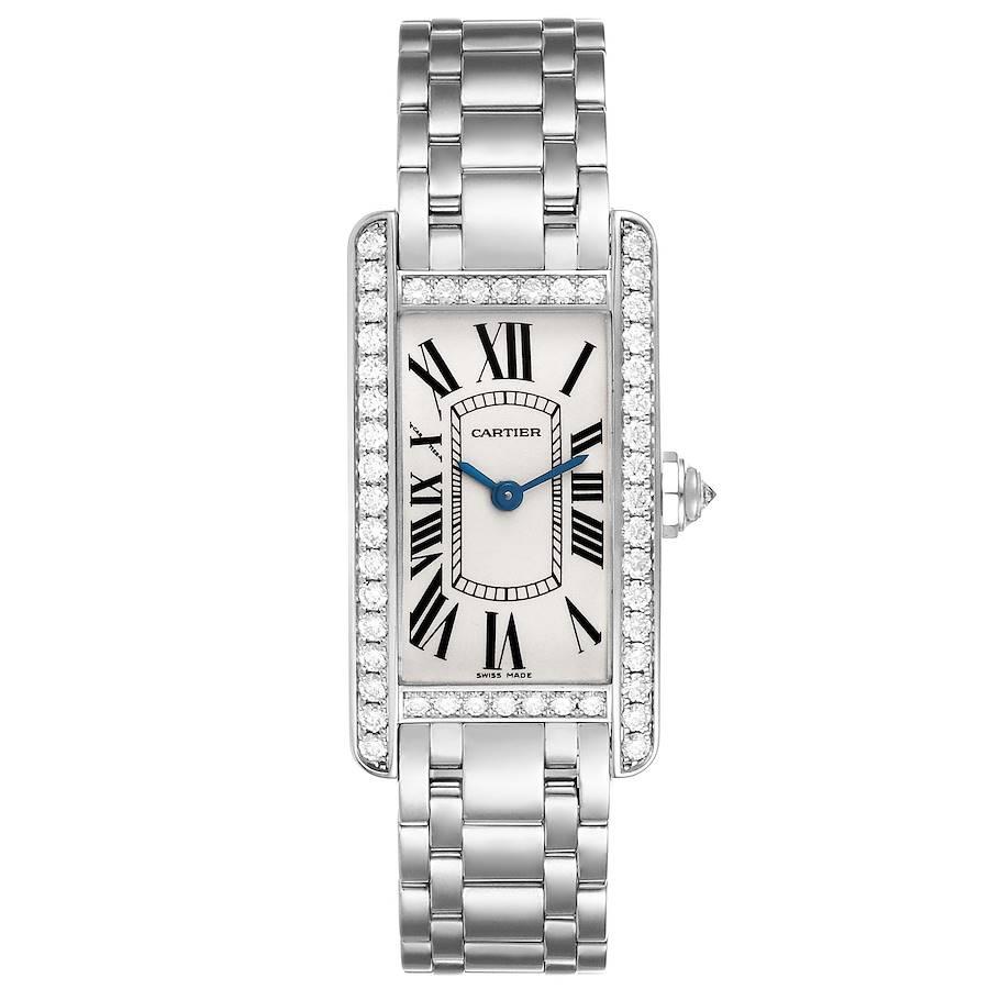 Cartier Tank Americaine White Gold Diamond Ladies Watch WB7018L1. Quartz movement. 18K white gold case 19.0 x 35.0 mm with original Cartier factory 2 rows of diamond on the sides. Circular grained crown set with faceted diamond. . Scratch resistant