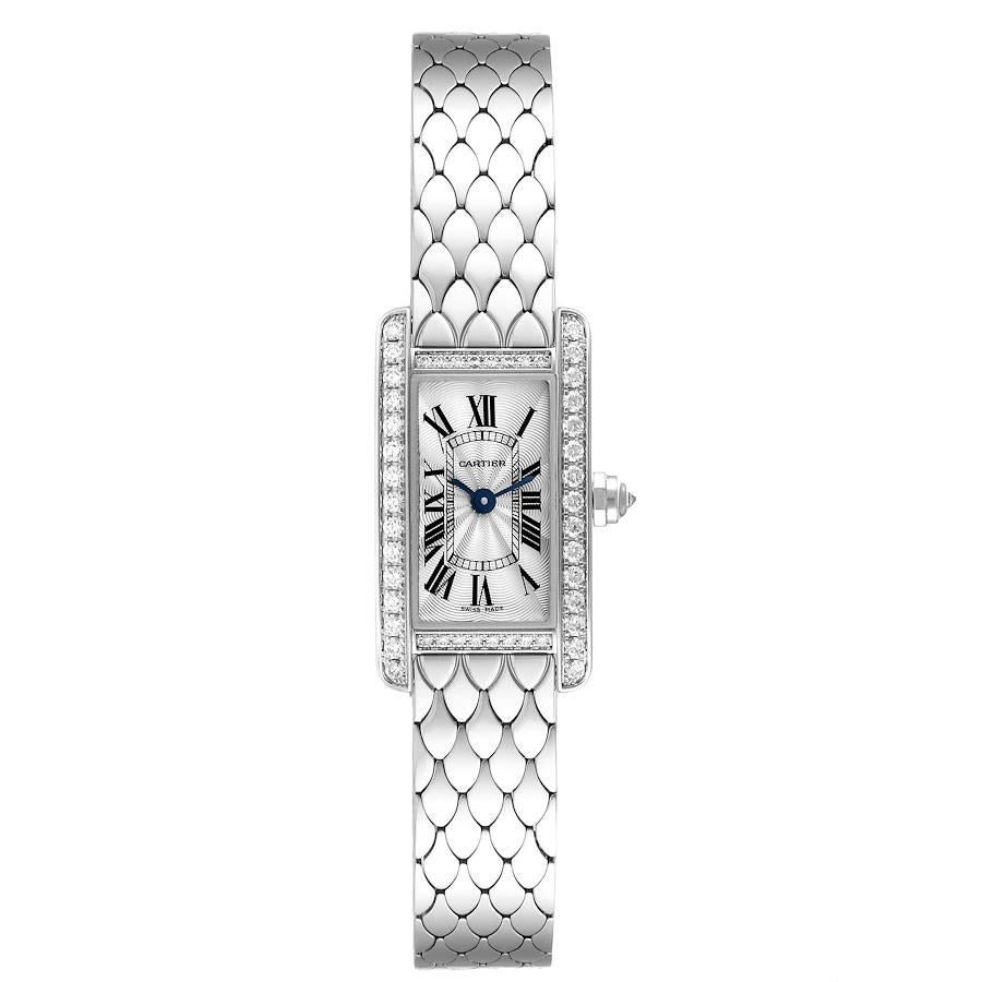 Cartier Tank Americaine White Gold Diamond Ladies Watch WB710013 Box Card. Quartz movement. 18K white gold case 15.2 x 27.0 mm with 2 rows of diamond on the sides. Circular grained crown set with faceted diamond. Original Cartier factory diamond