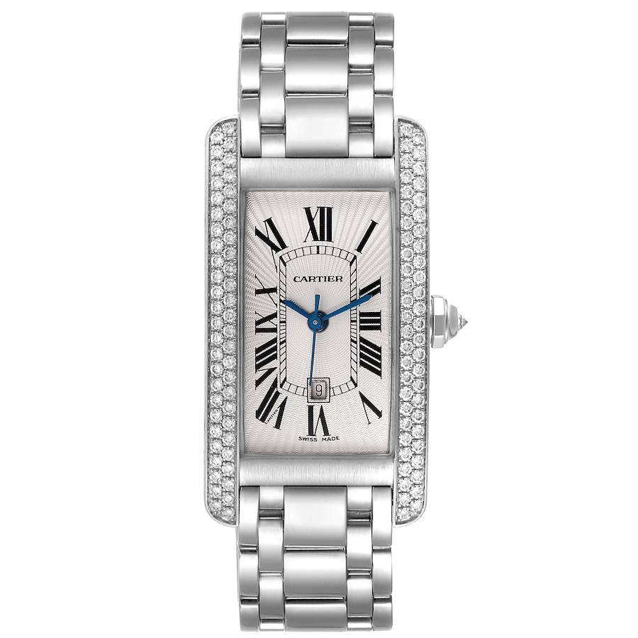 Cartier Tank Americaine White Gold Diamond Mens Watch WB7026L1. Automatic self-winding movement. 18K white gold case 23.0 x 42.0 mm with 2 rows of diamond on the sides. Circular grained crown set with faceted diamond. . Scratch resistant sapphire