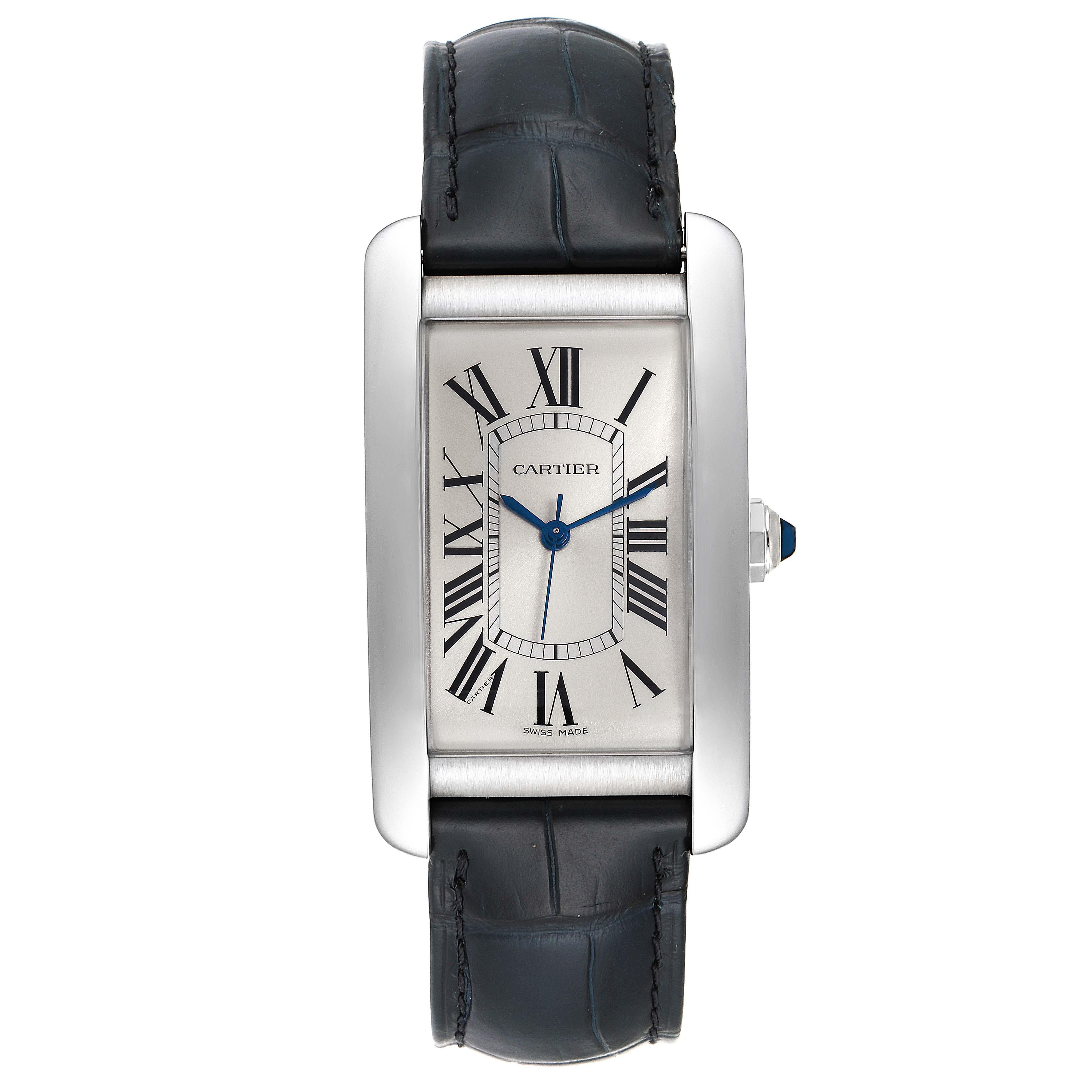 Cartier Tank Americaine White Gold Large Mens Watch WSTA0018 Box Papers. Automatic self-winding movement. 18K white gold case 26.6 x 45.1 mm. Circular grained crown set with faceted blue sapphire. . Scratch resistant sapphire crystal. Silvered dial