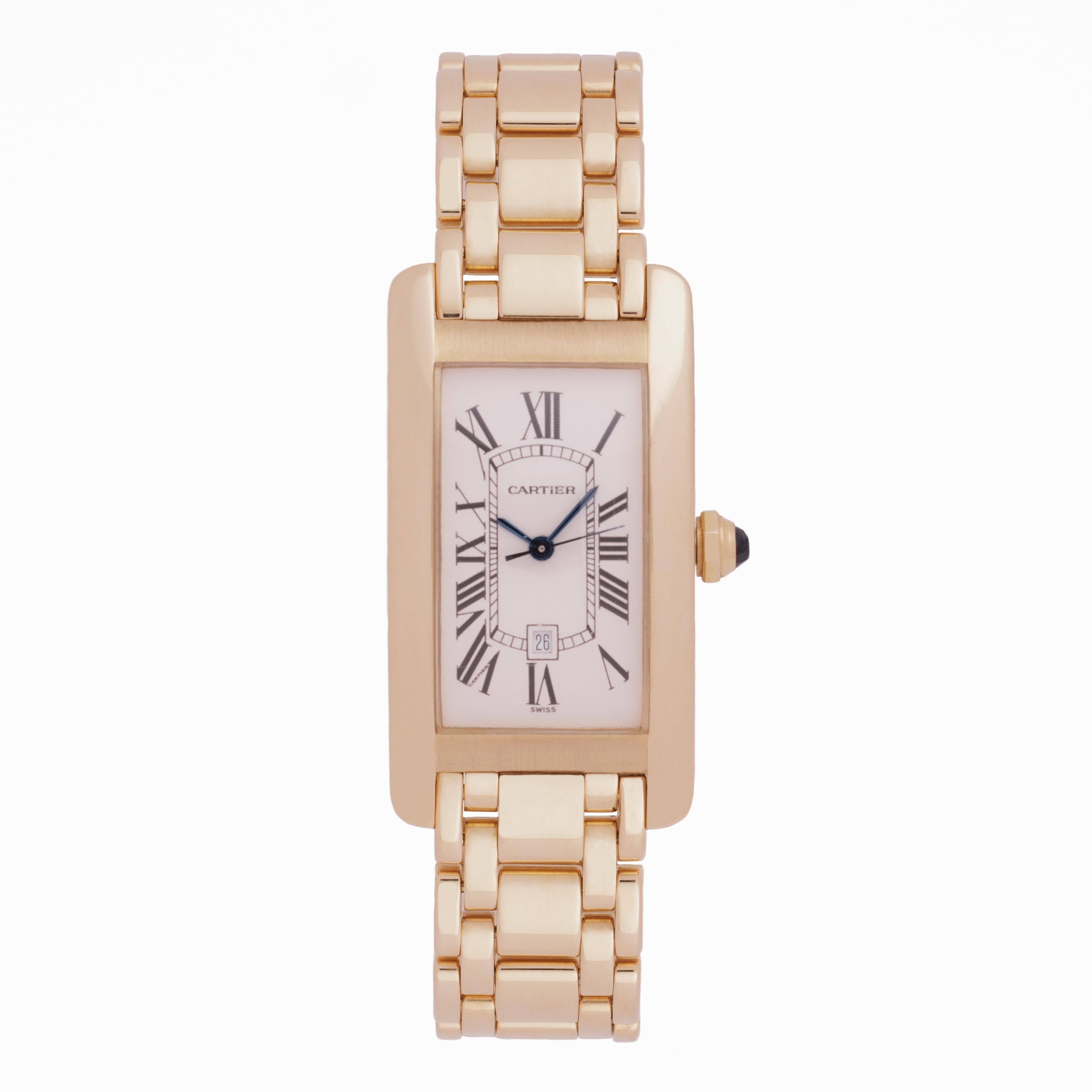 Cartier Tank Américaine with Date 
Model W26035K2
18 Karat Yellow Gold
Automatic Movement
c.2000
Fits up to a size 6