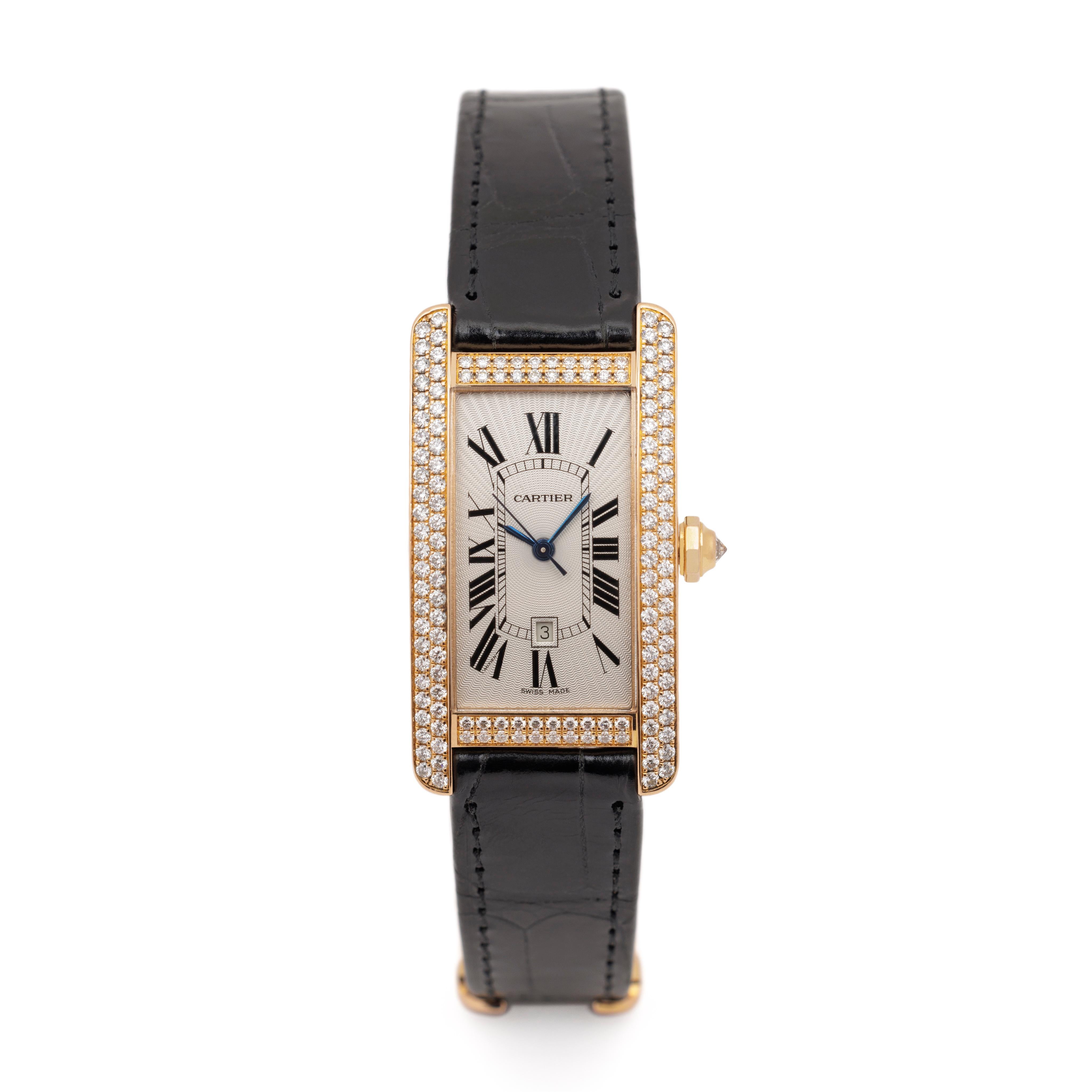 Cartier Tank Américaine with double row diamonds
Model 2504  
18k Rose Gold 
Serial 136XXXX 
Automatic Movement 
c.2010
Excellent unworn condition. Ships in Cartier Original Box.

Introducing the Cartier Tank Américaine Model 2504, with a dazzling