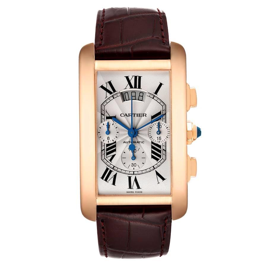 Cartier Tank Americaine XL Chronograph 18K Rose Gold Watch W2610751 Box Card. Automatic self-winding movement. 18K rose gold case 52.0 x 31.1 mm. Circular grained crown set with faceted blue sapphire. Exhibition case back. . Scratch resistant
