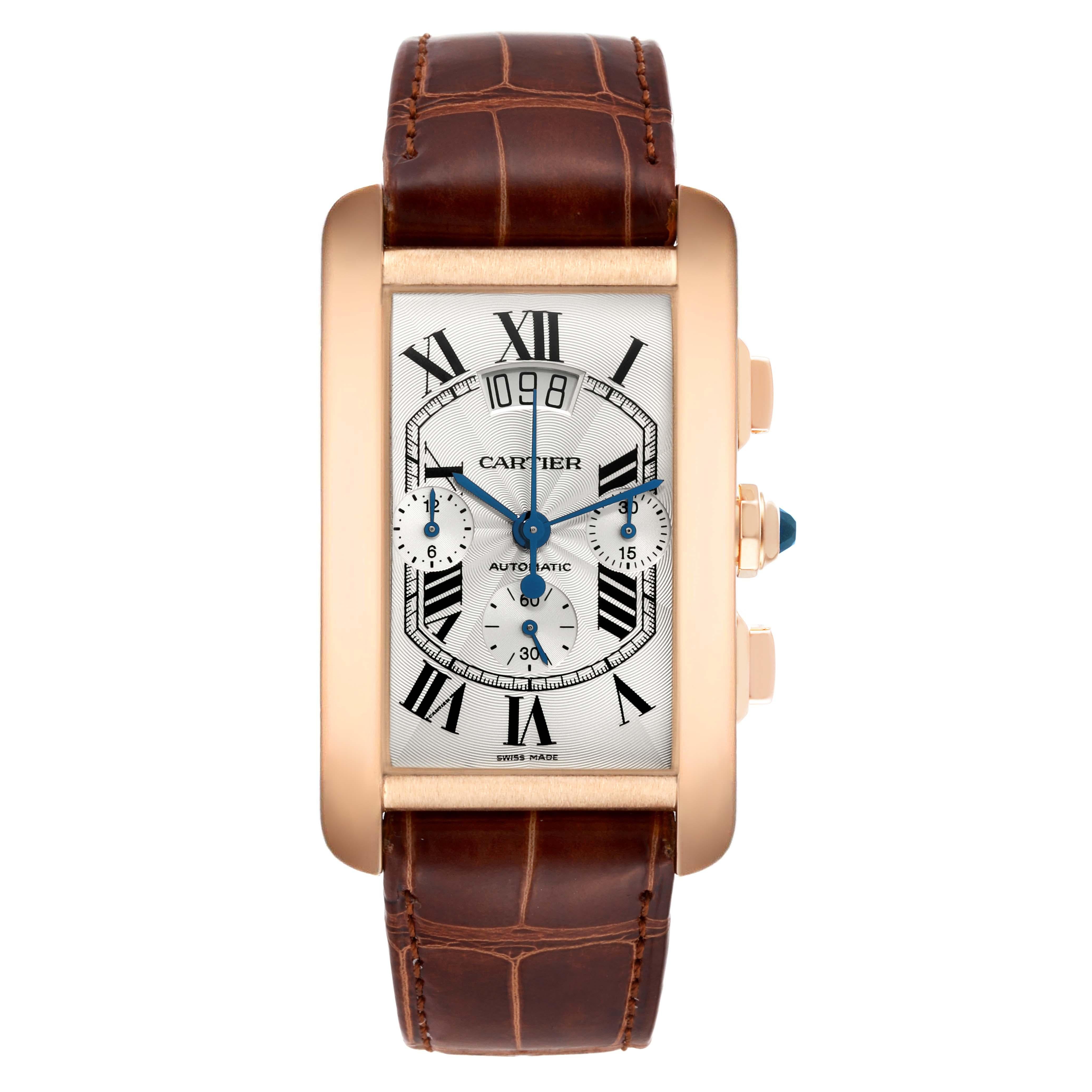 Cartier Tank Americaine XL Chronograph Rose Gold Mens Watch W2610751 Box Card. Automatic self-winding movement. 18k rose gold case 52.0 x 31.1 mm. Circular grained crown set with faceted blue sapphire. Transparent exhibition sapphire crystal