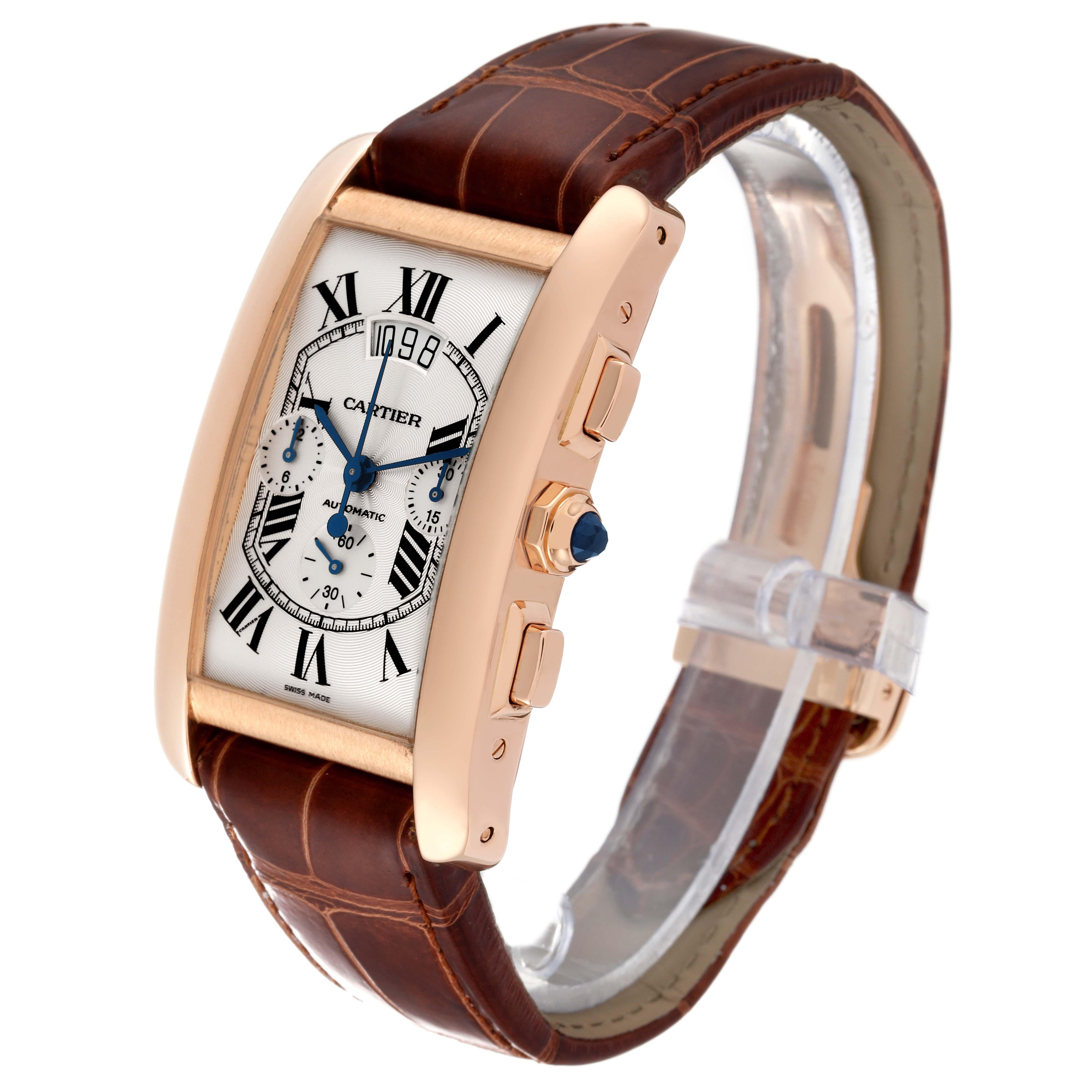 Cartier Tank Americaine XL Chronograph Rose Gold Mens Watch W2610751 Box Card In Excellent Condition In Atlanta, GA