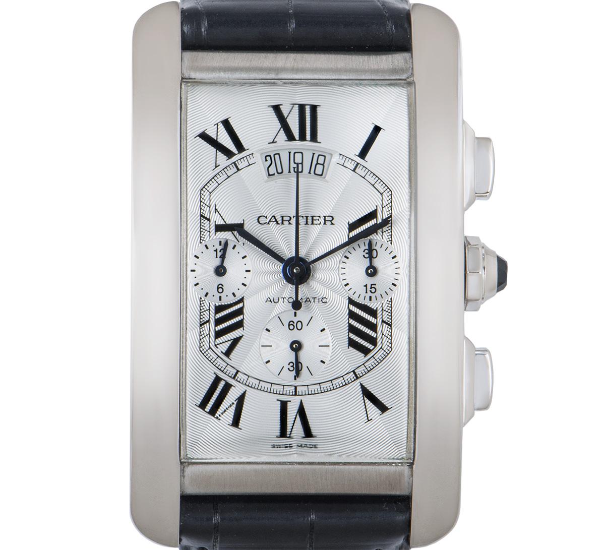 A 31 mm 18k White Gold Tank Americaine XL Gents Wristwatch, silver guilloche dial with roman numerals and a secret signature at 