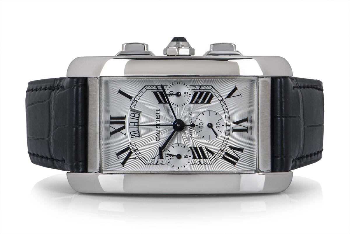 Cartier Tank Americaine XL Gents 18 Karat White Gold Silver Guilloche Dial B&P In Excellent Condition In London, GB