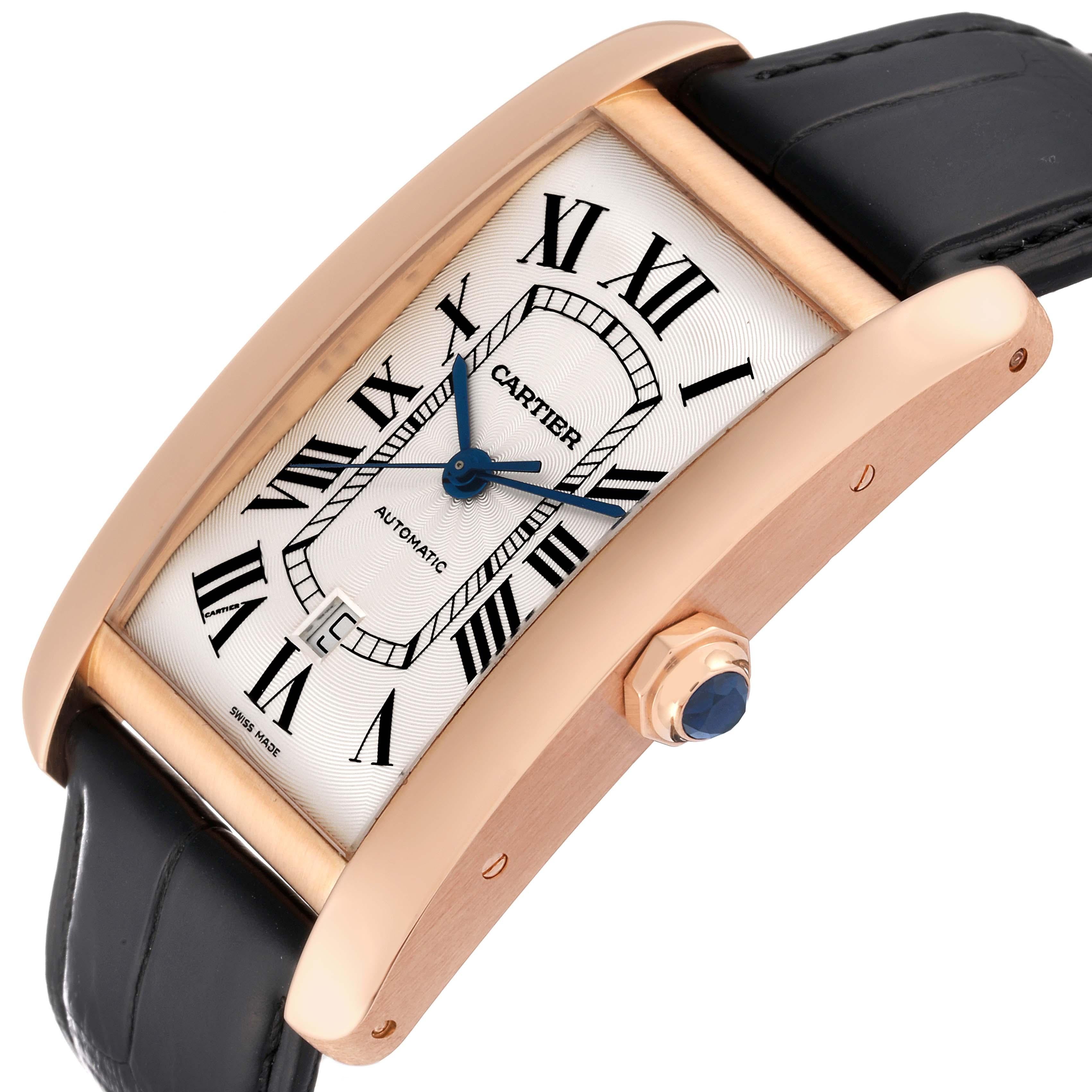 Cartier Tank Americaine XL Rose Gold Automatic Mens Watch W2609856. Automatic self-winding movement. 18K rose gold case 52 mm x 31 mm.  Octagonal crown set with faceted blue sapphire. Transparent exhibition sapphire crystal caseback. . Scratch