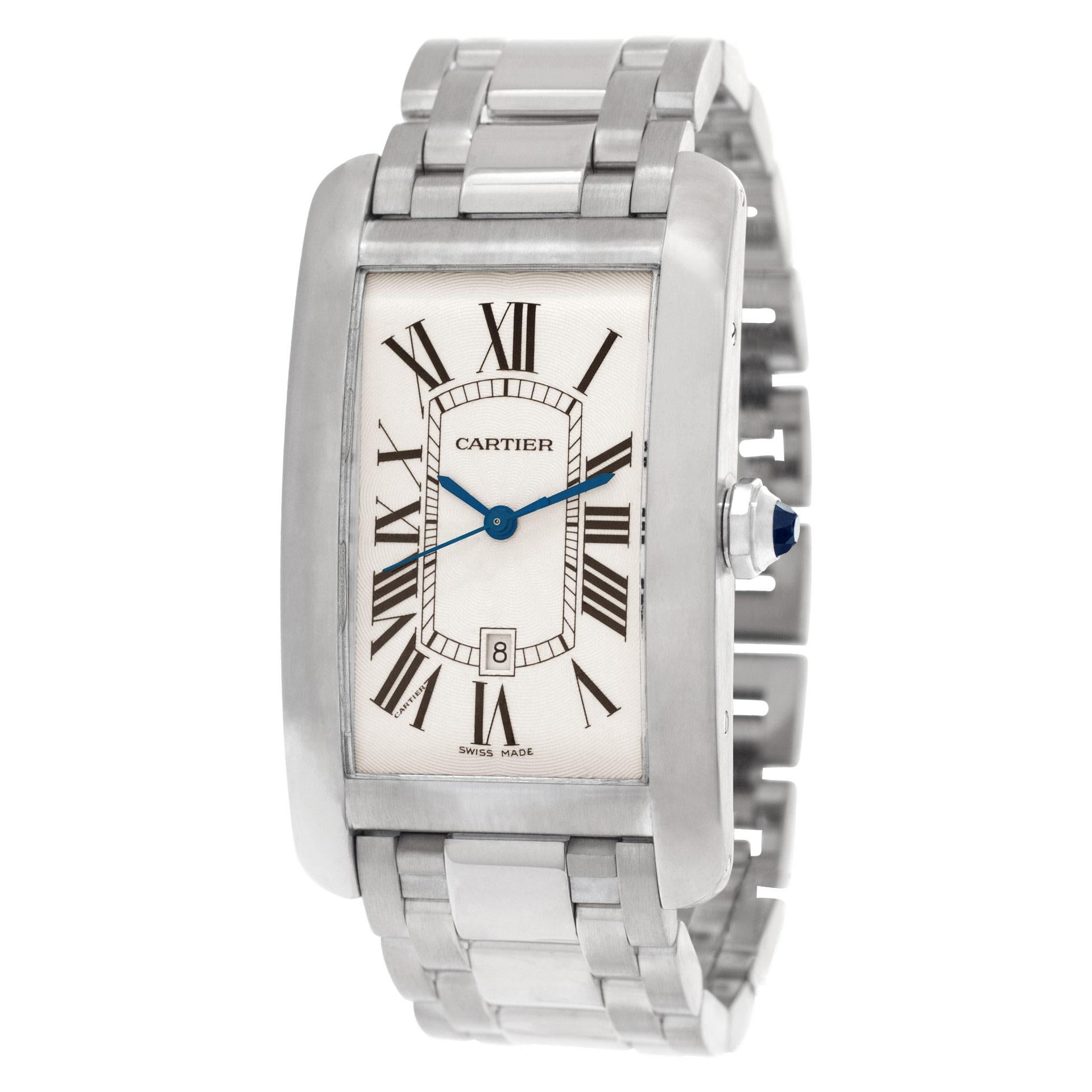 Cartier Tank Americaine XL in 18k white gold with white dial , date display above the 6 and black Roman numeral hour markers. Auto w/ sweep seconds and date. 26 mm width x 45 mm length case size. Box and papers. Ref W2605511. Circa: 2013. Fine