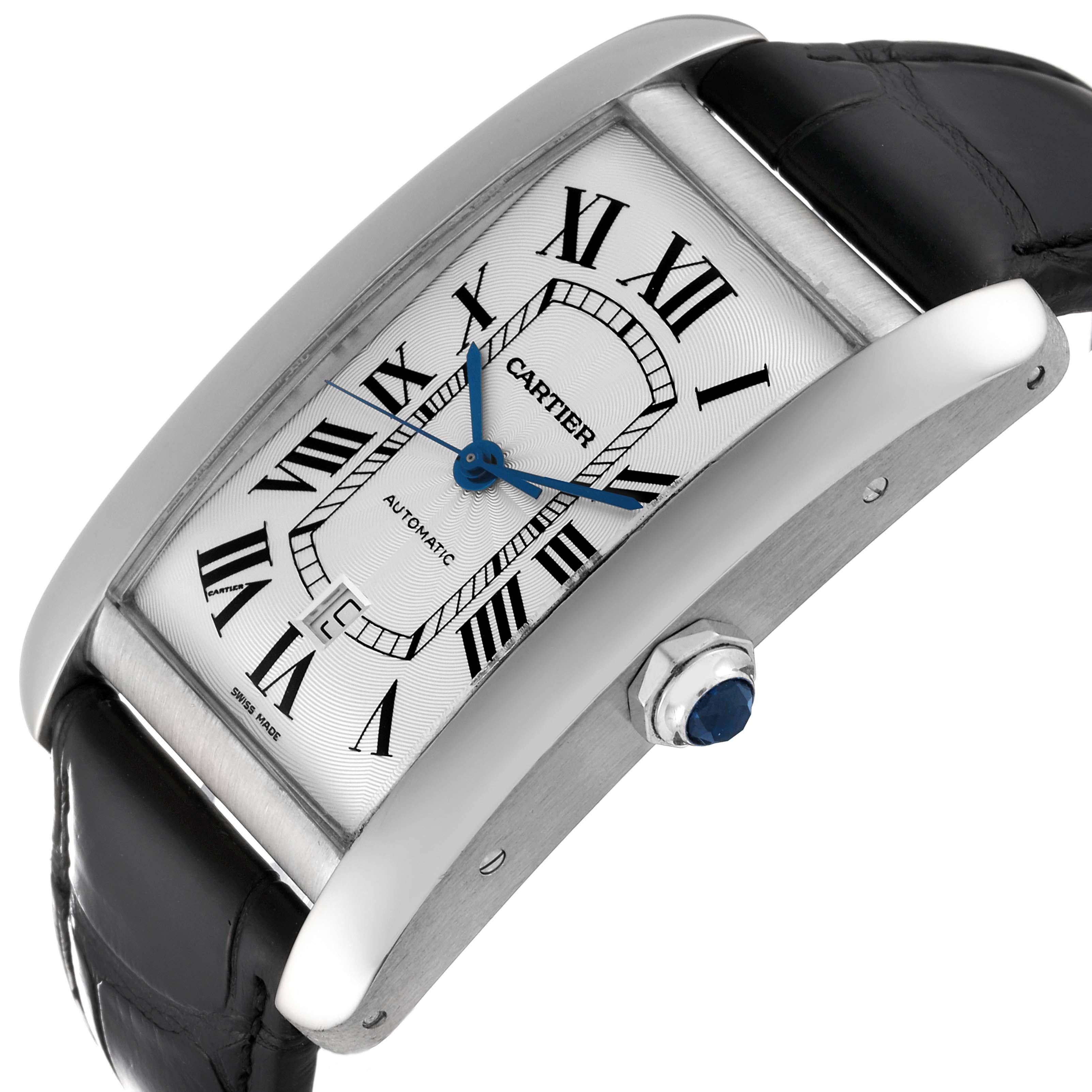 Cartier Tank Americaine XL White Gold Mens Watch W2609956. Automatic self-winding movement. 18K white gold case 31 x 52 mm. Circular grained crown set with faceted blue sapphire. Transparent exhibition sapphire crystal caseback. . Scratch resistant