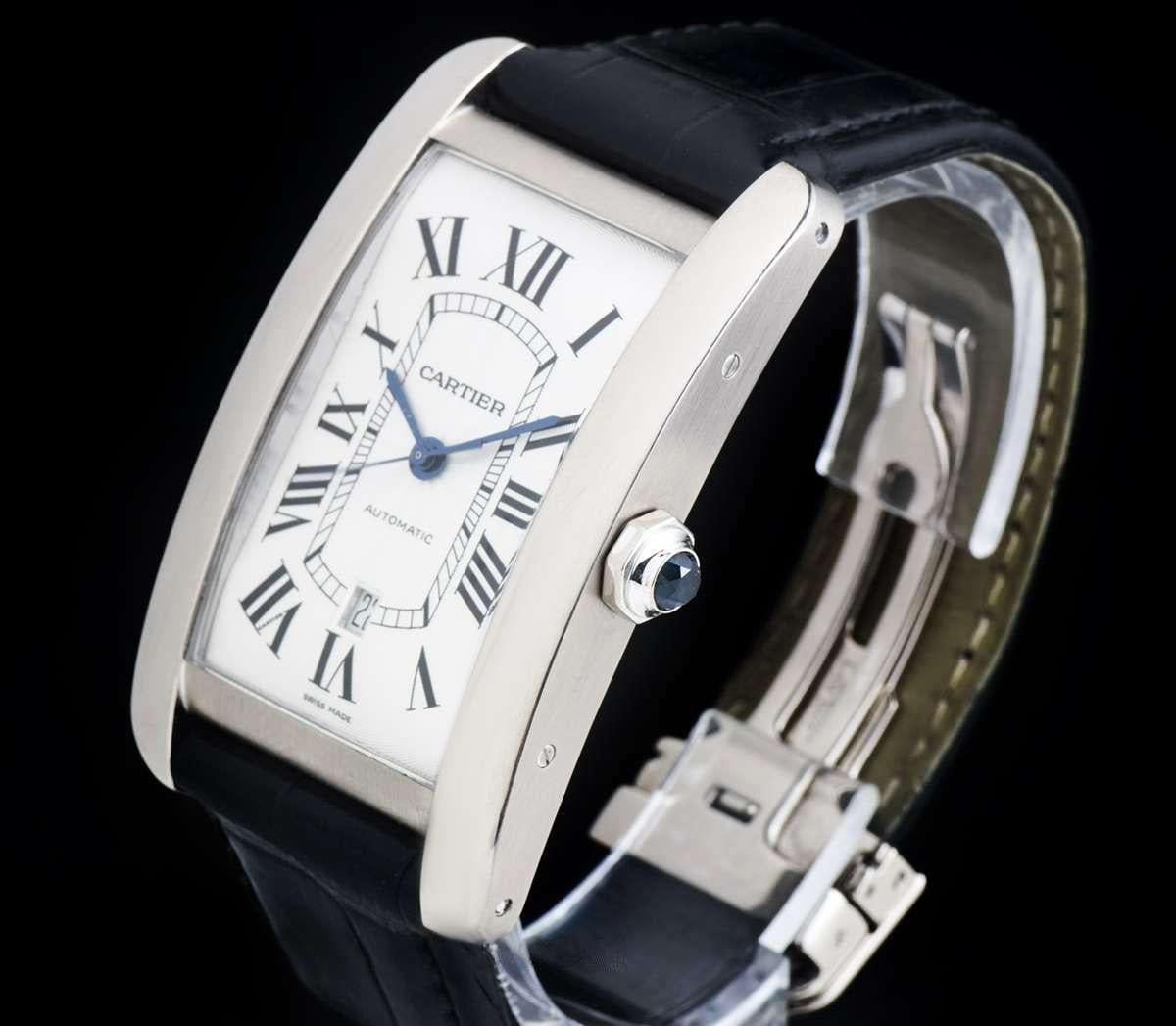 An 18k White Gold Tank Americaine XL Gents Wristwatch, silver guilloche dial with roman numerals and a secret signature at 