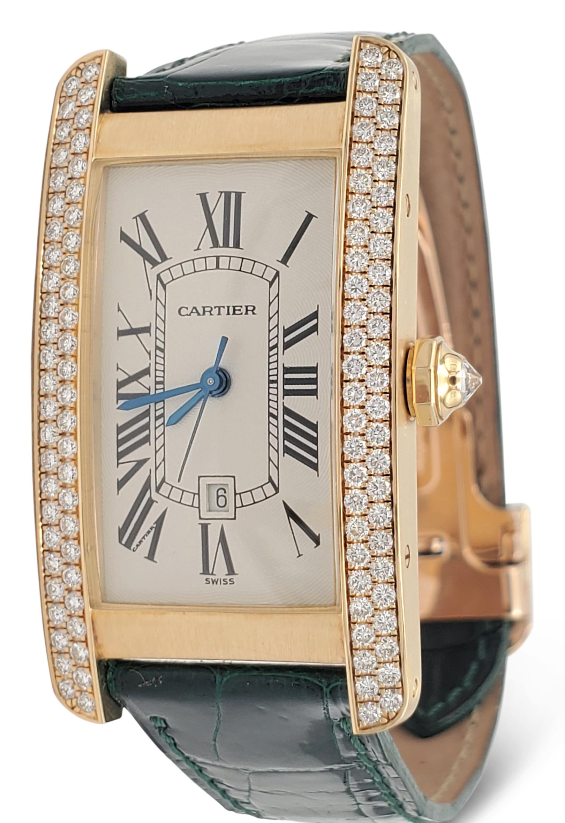 Authentic Cartier Tank Américaine watch crafted in 18 karat yellow gold features an elongated case set with an estimated 1.25 carats of round brilliant cut diamonds (E-F color, VS clarity). The silvered dial is accented by black Roman numeral