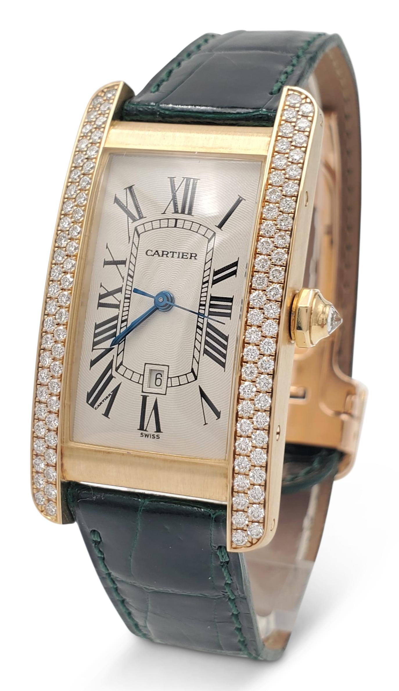 Round Cut Cartier Tank Américaine Yellow Gold and Diamond Leather Strap Ladies Watch