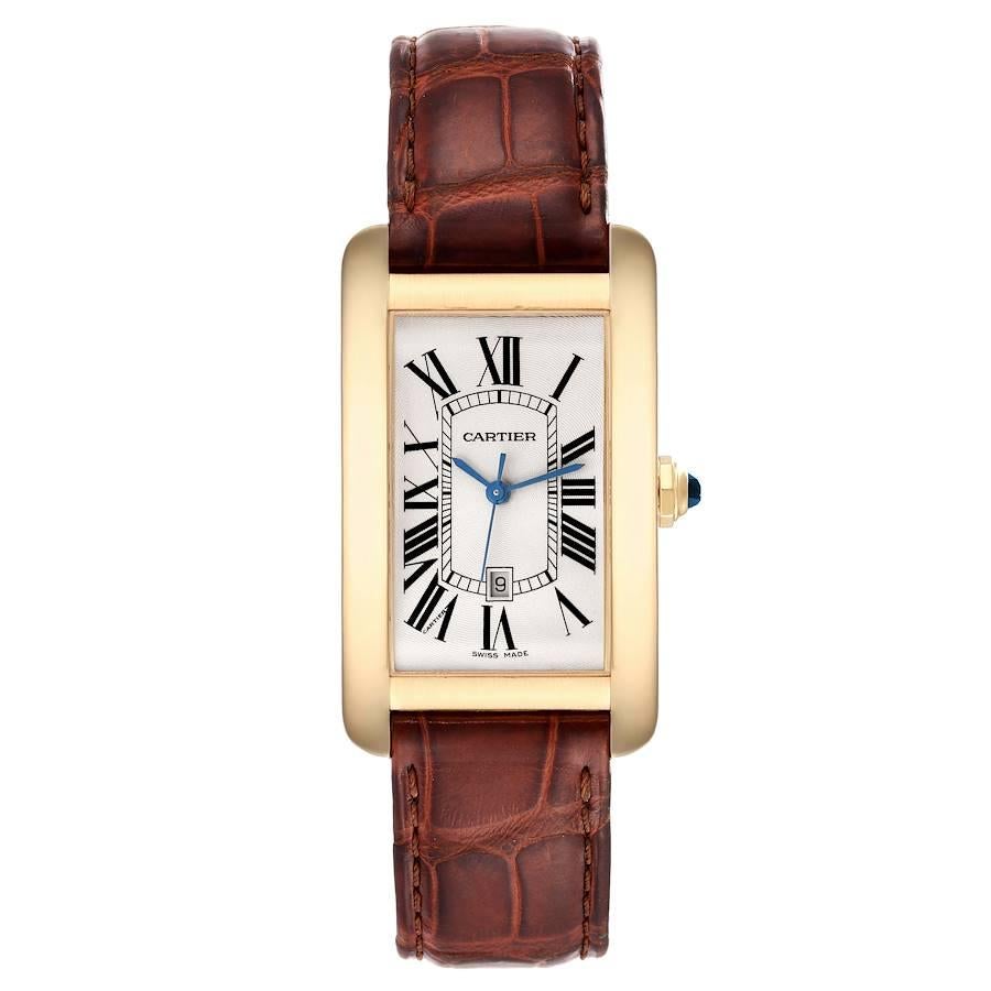 Cartier Tank Americaine Yellow Gold Automatic Mens Watch W2603156. Automatic self-winding movement. 18K yellow gold case 26.6 x 45.1 mm. Circular grained crown set with faceted blue sapphire. . Scratch resistant sapphire crystal. Silvered guilloche