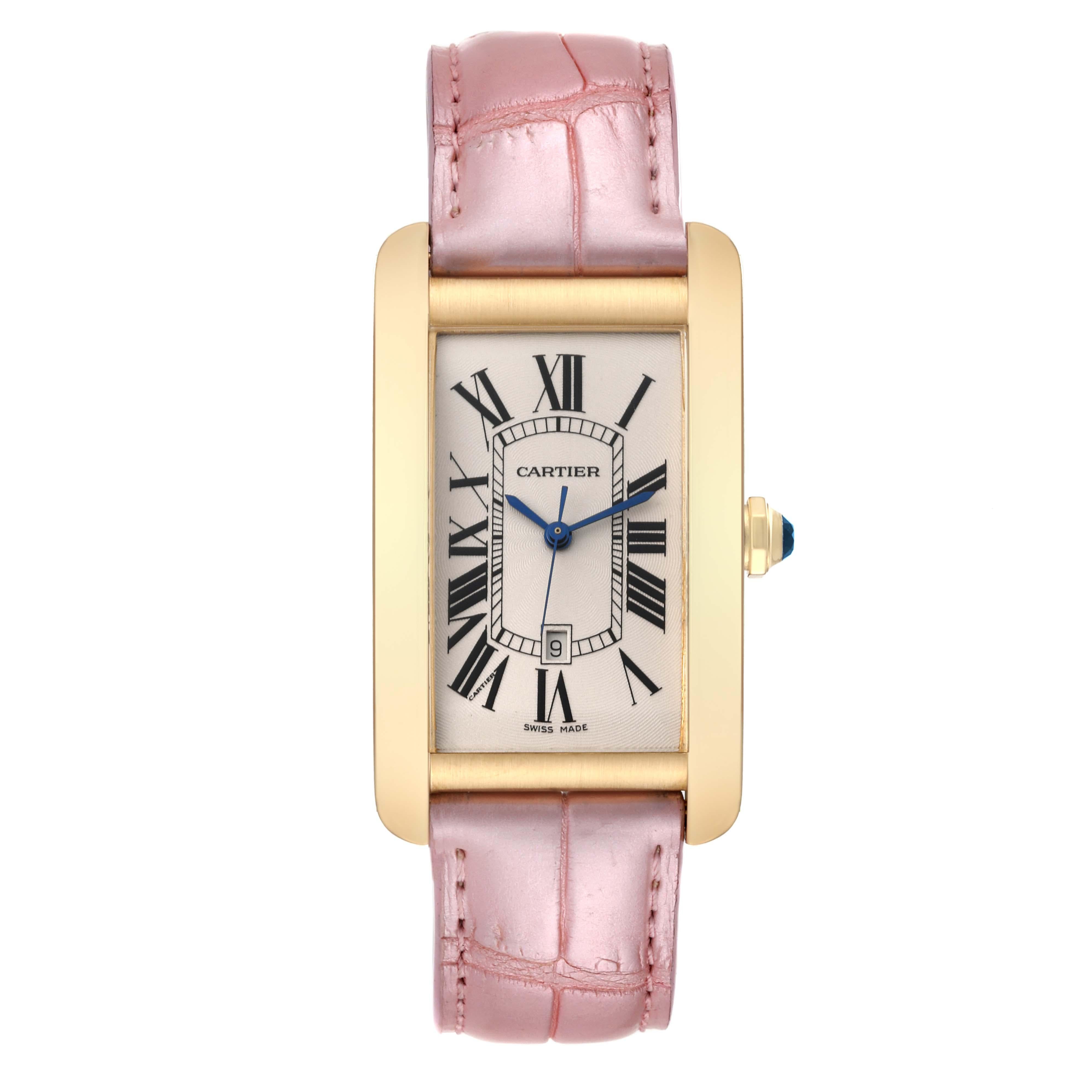Cartier Tank Americaine Yellow Gold Automatic Mens Watch W2603156. Automatic self-winding movement. 18K yellow gold case 26.6 x 45.1 mm. Octagonal crown set with faceted blue sapphire. . Scratch resistant sapphire crystal. Silvered guilloche dial