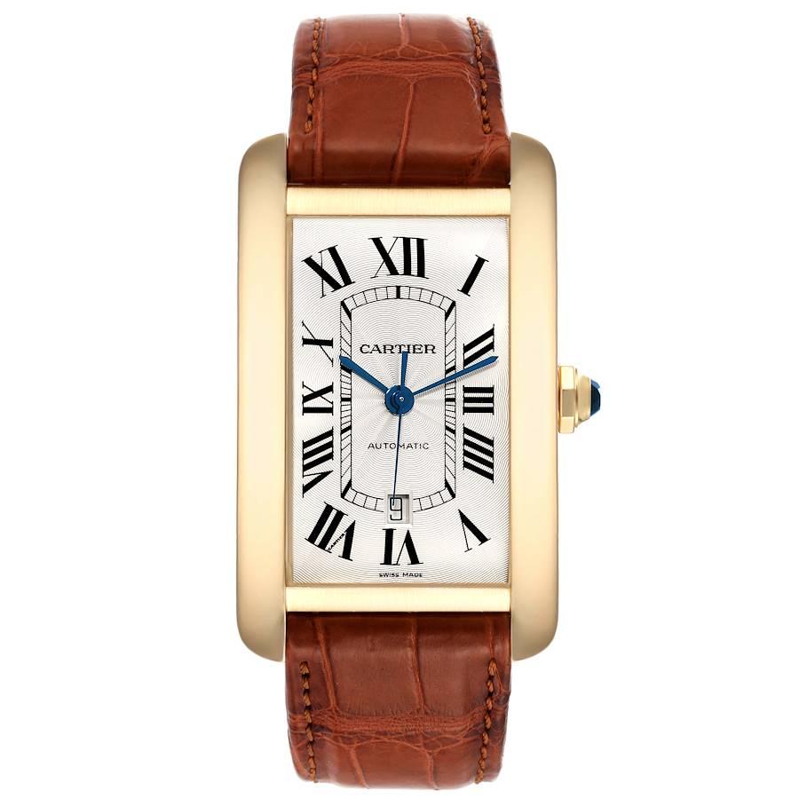 Cartier Tank Americaine Yellow Gold Automatic Mens Watch W2609756. Automatic self-winding movement. 18K yellow gold case 32 x 42 mm (52 mm with lugs) . Circular grained crown set with faceted blue sapphire. . Scratch resistant sapphire crystal.