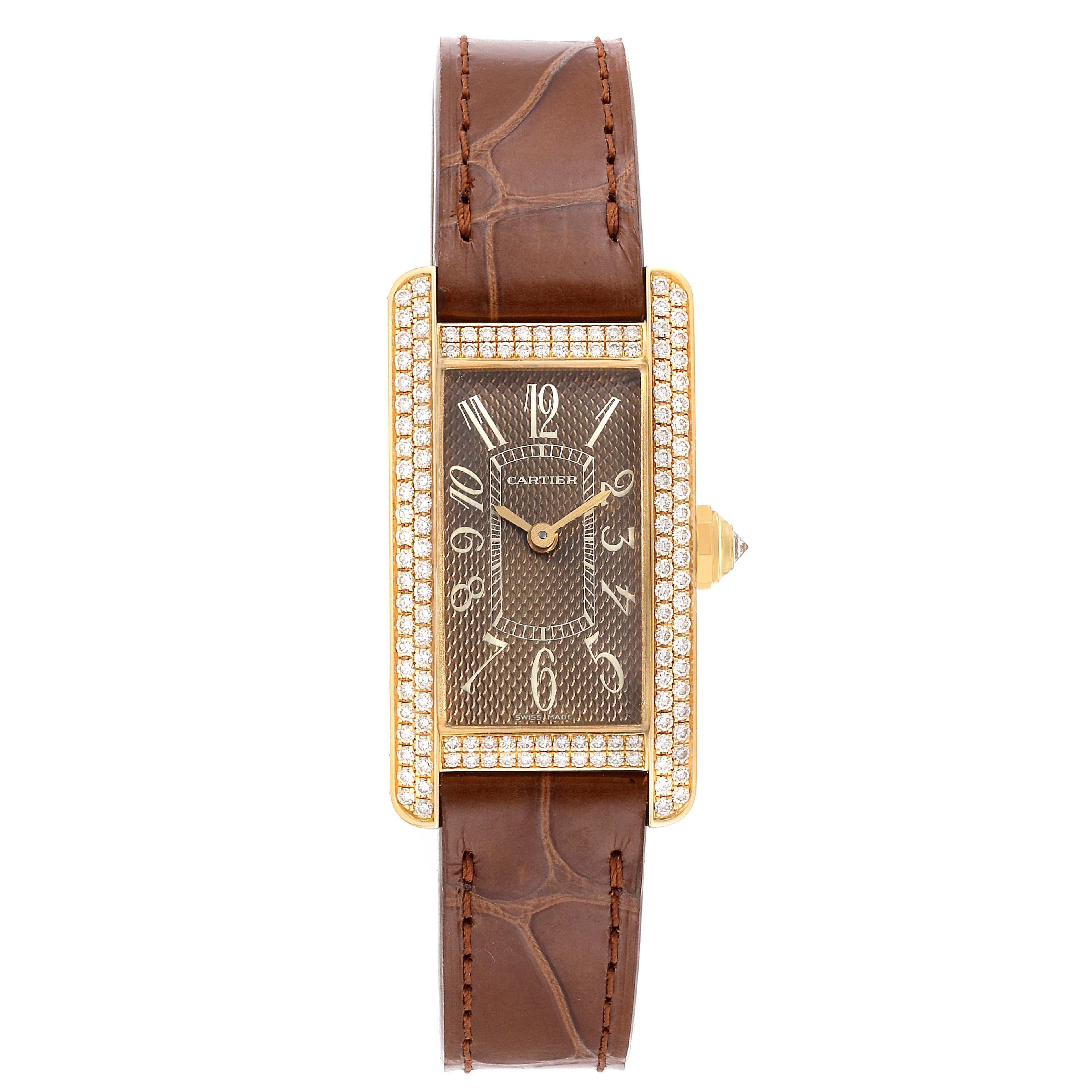 Cartier Tank Americaine Yellow Gold Diamond Ladies Watch 2482. Quartz movement. 18K yellow gold case 19.0 x 28.0 mm with original Cartier factory 2 rows of diamond on the sides. Circular grained crown set with faceted diamond. . Scratch resistant