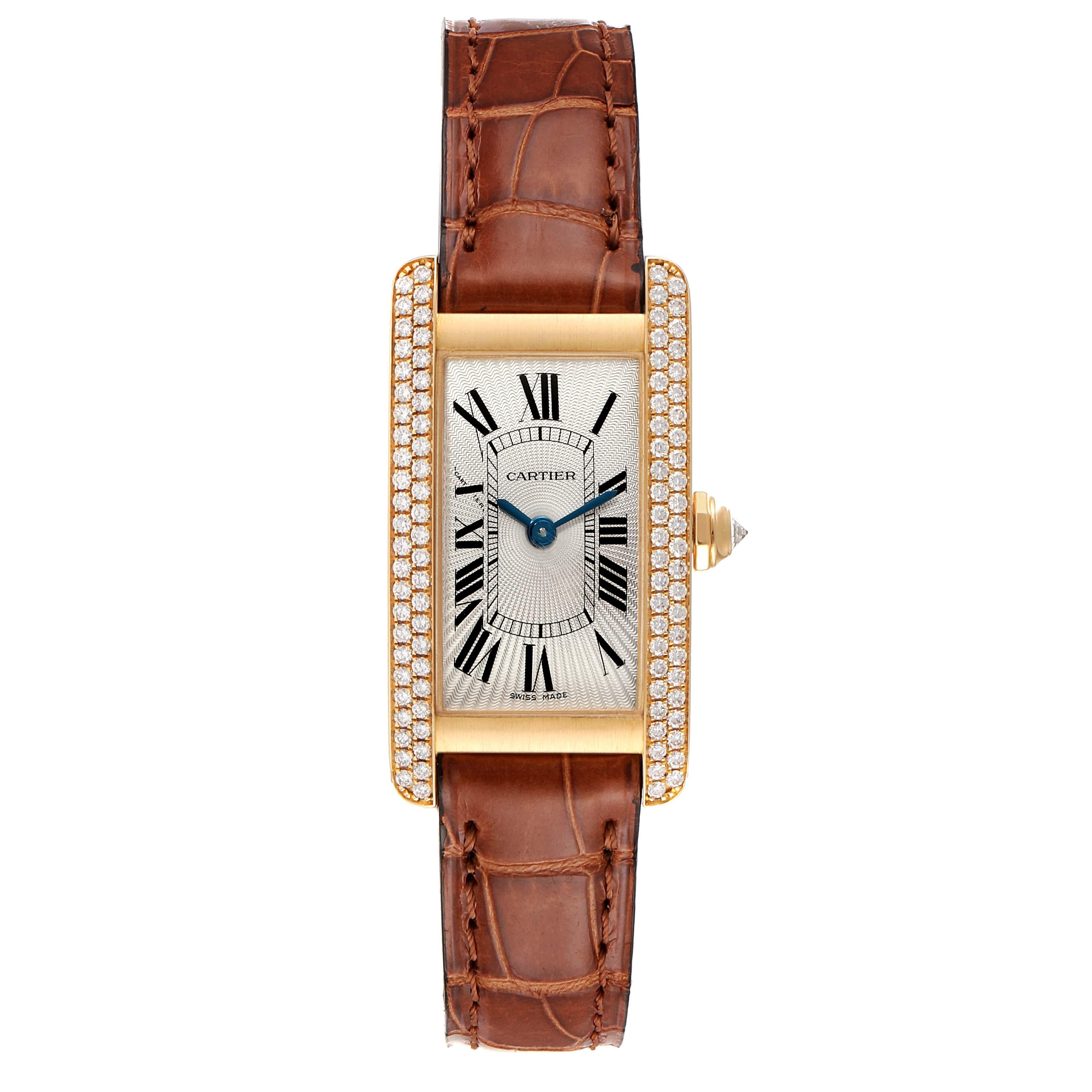 Cartier Tank Americaine Yellow Gold Diamond Ladies Watch WB701251 Box. Quartz movement. 18K yellow gold case 19.0 x 35.0 mm. Circular grained crown set with faceted diamond. . Scratch resistant sapphire crystal. Silver dial with black roman numeral